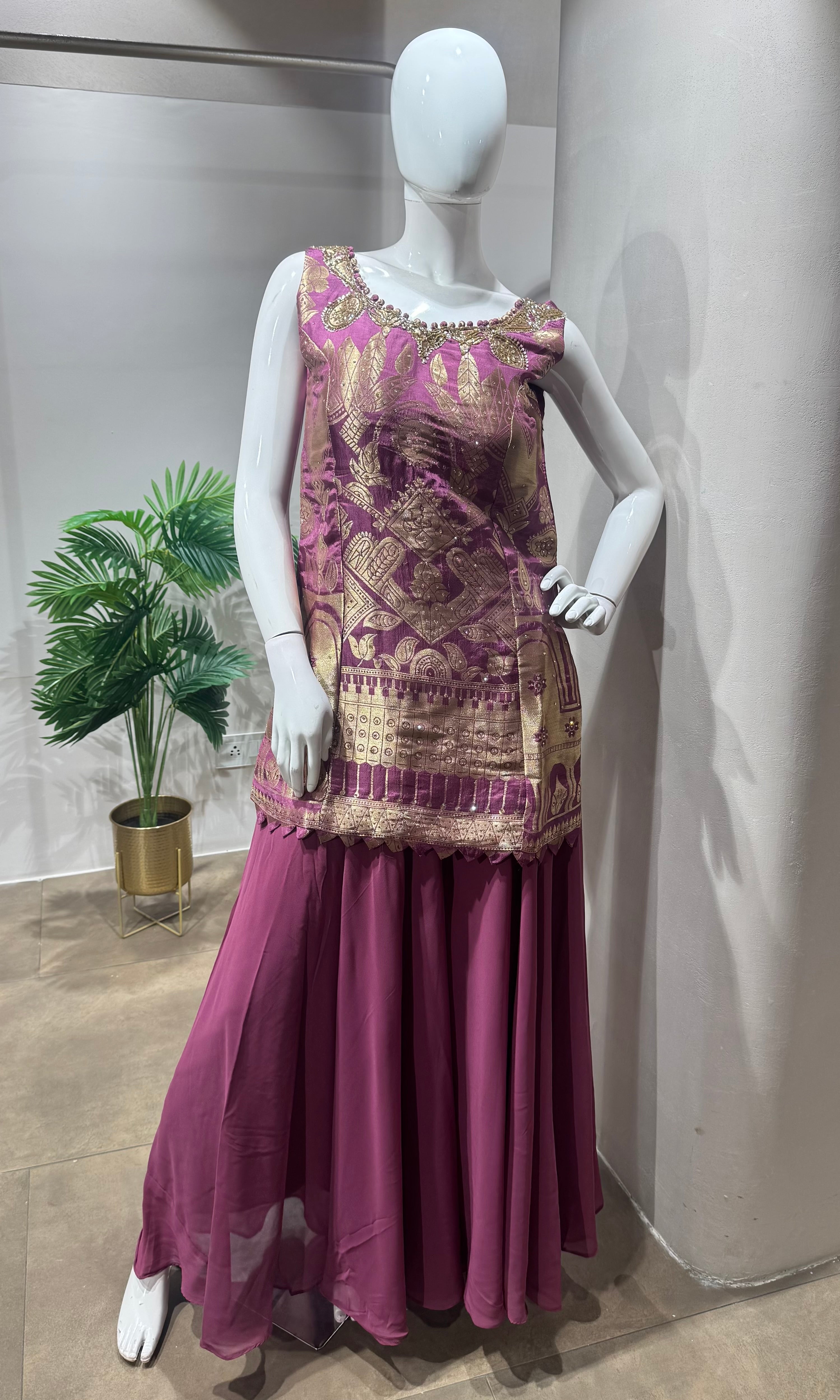 wine golden zari embroidered sharara set