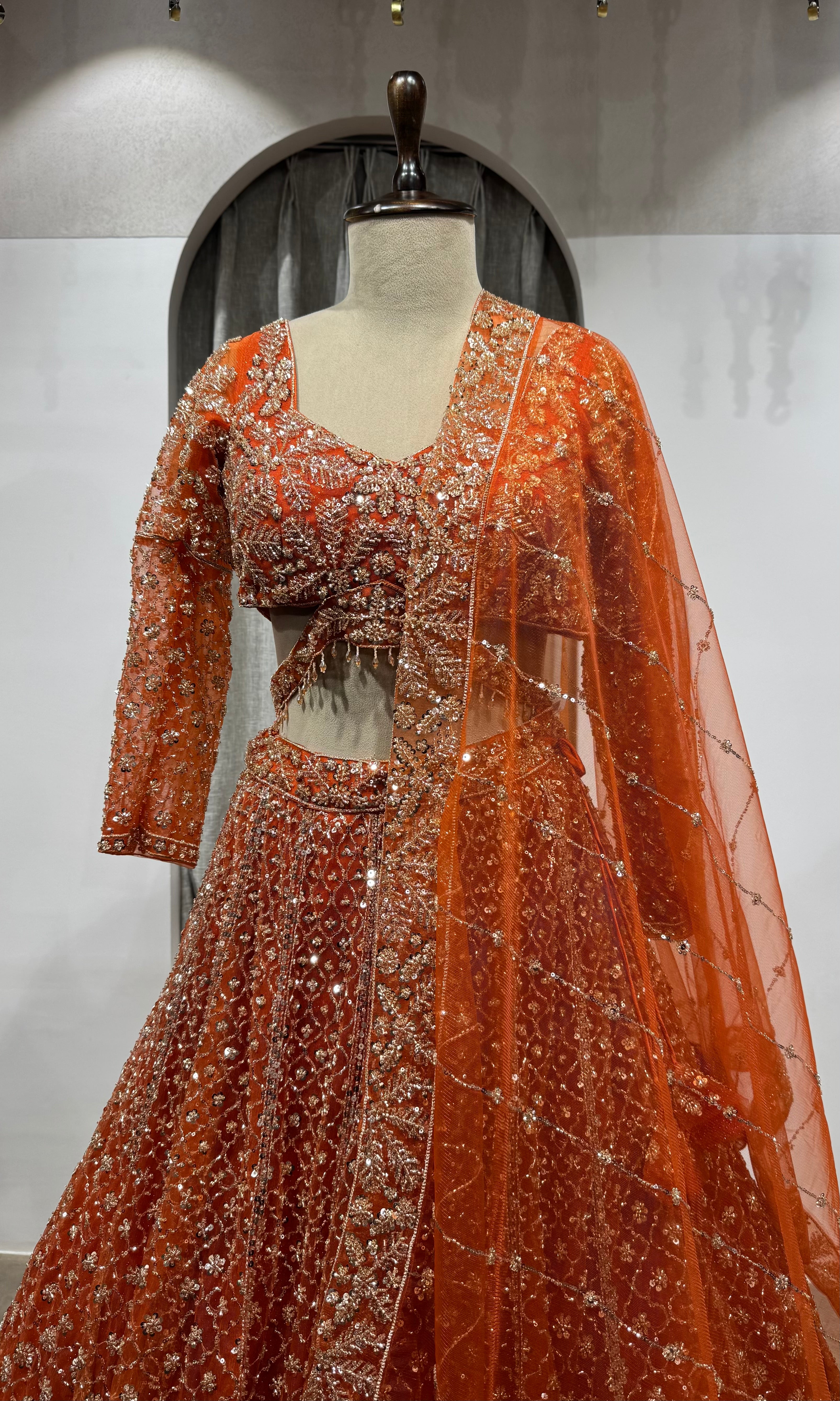 Orange Sequin Embroidered Bridal Lehenga Set