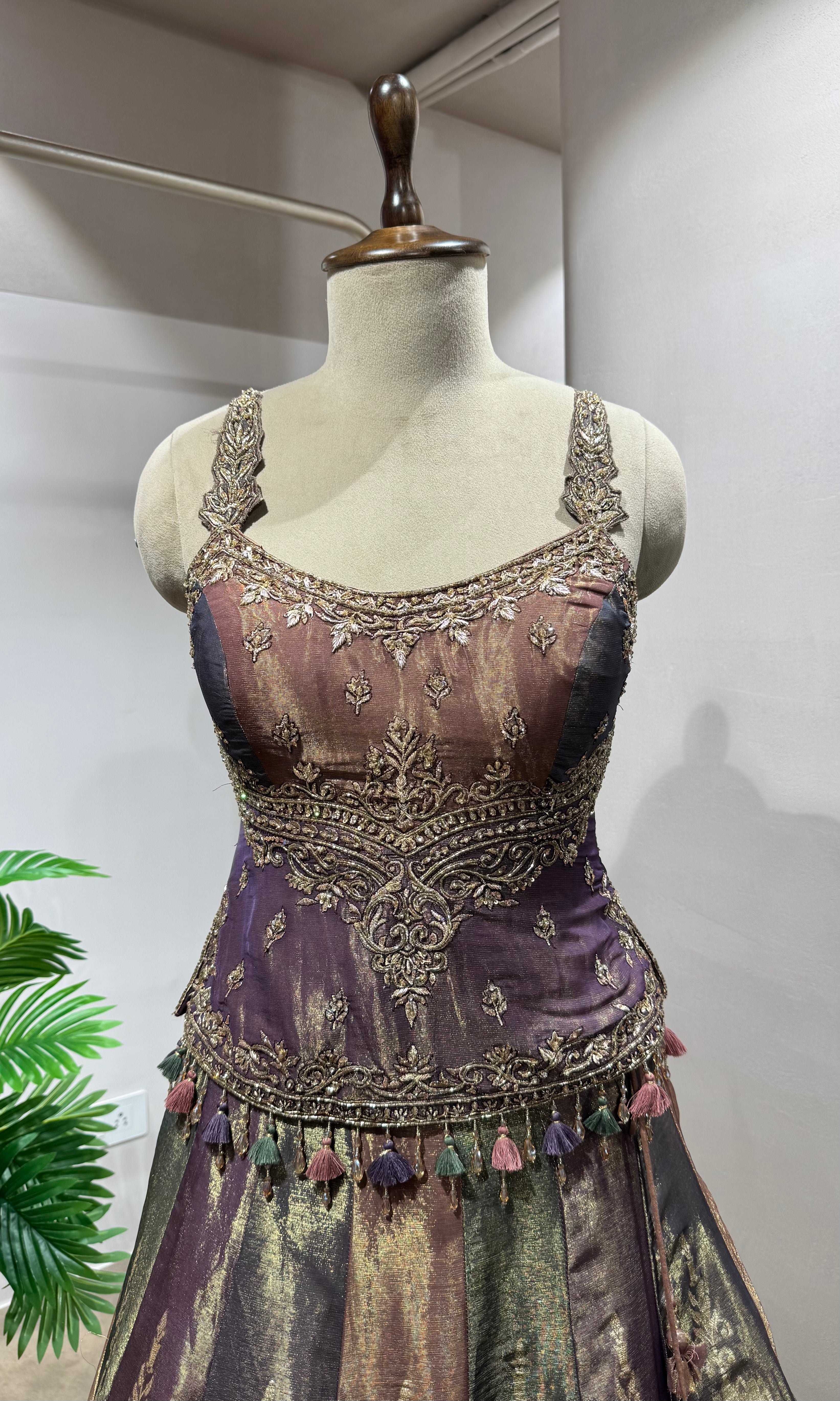 purple and gold embroidered lehenga