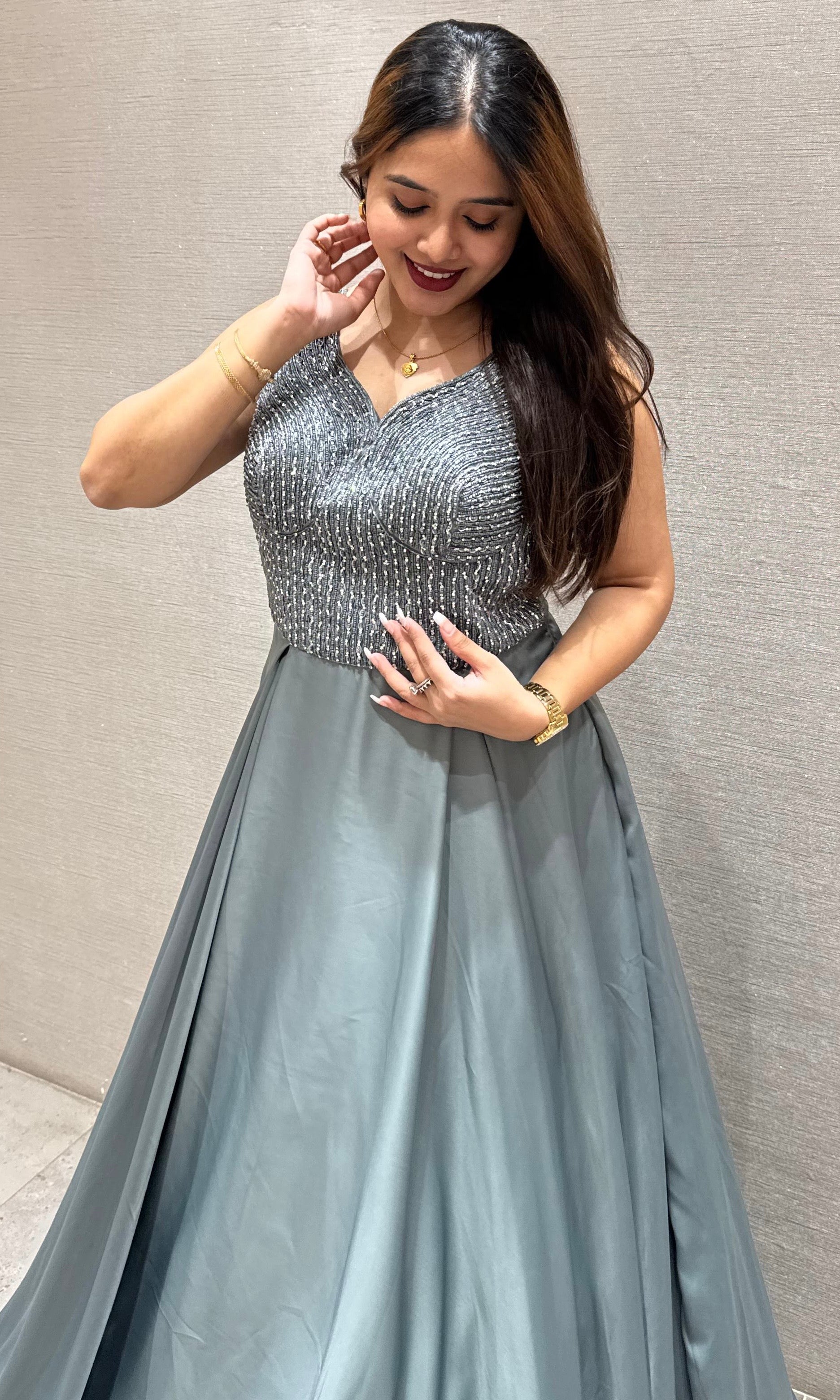 Grey embroidered anarkali long dress