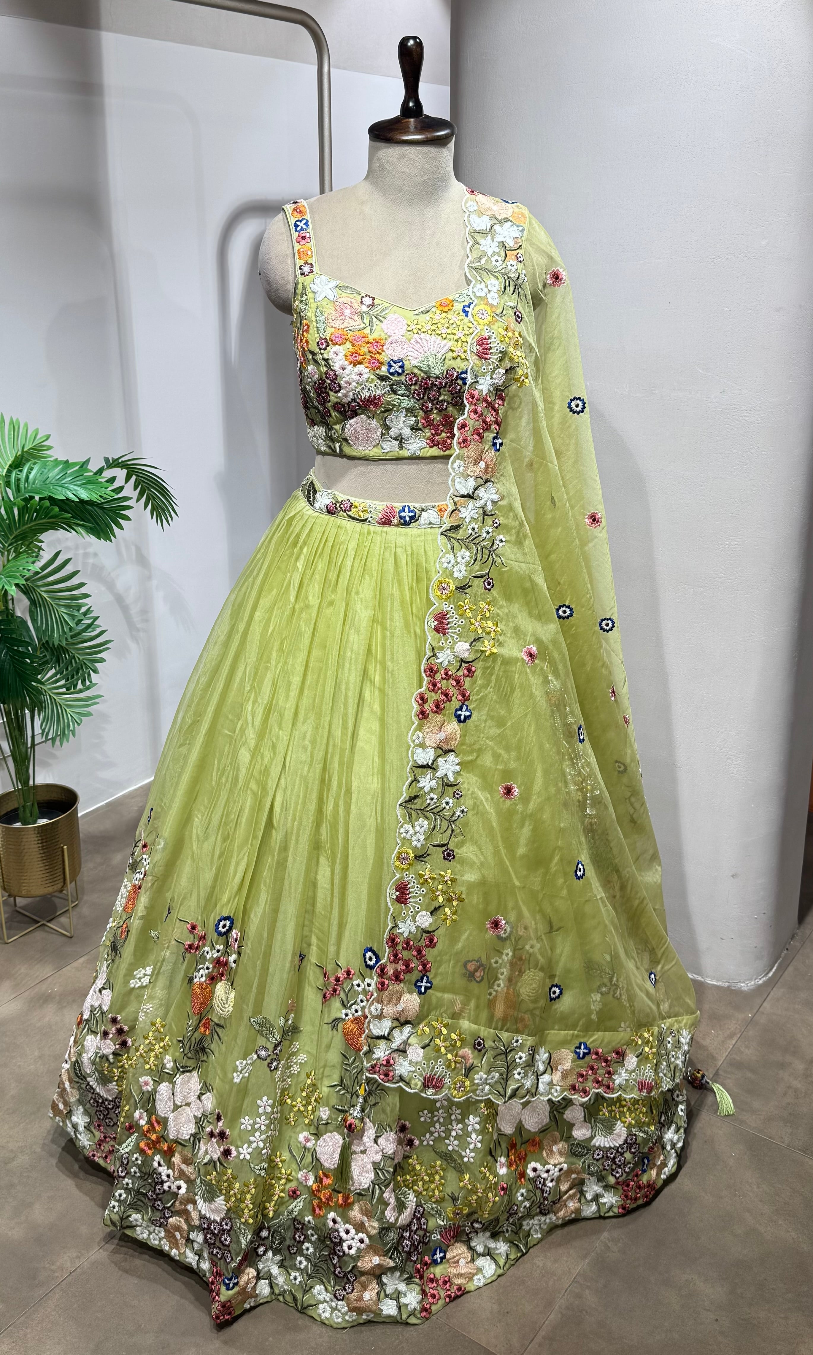 Green floral embroidered lehenga set