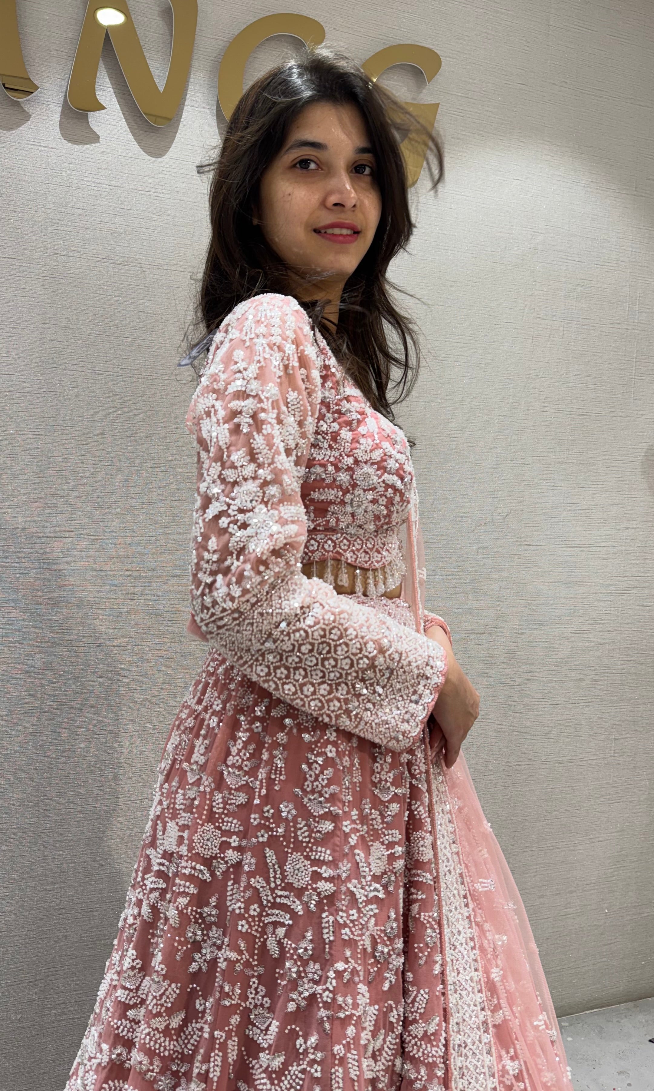 PEACH Net Lehenga with Intricate Sequins