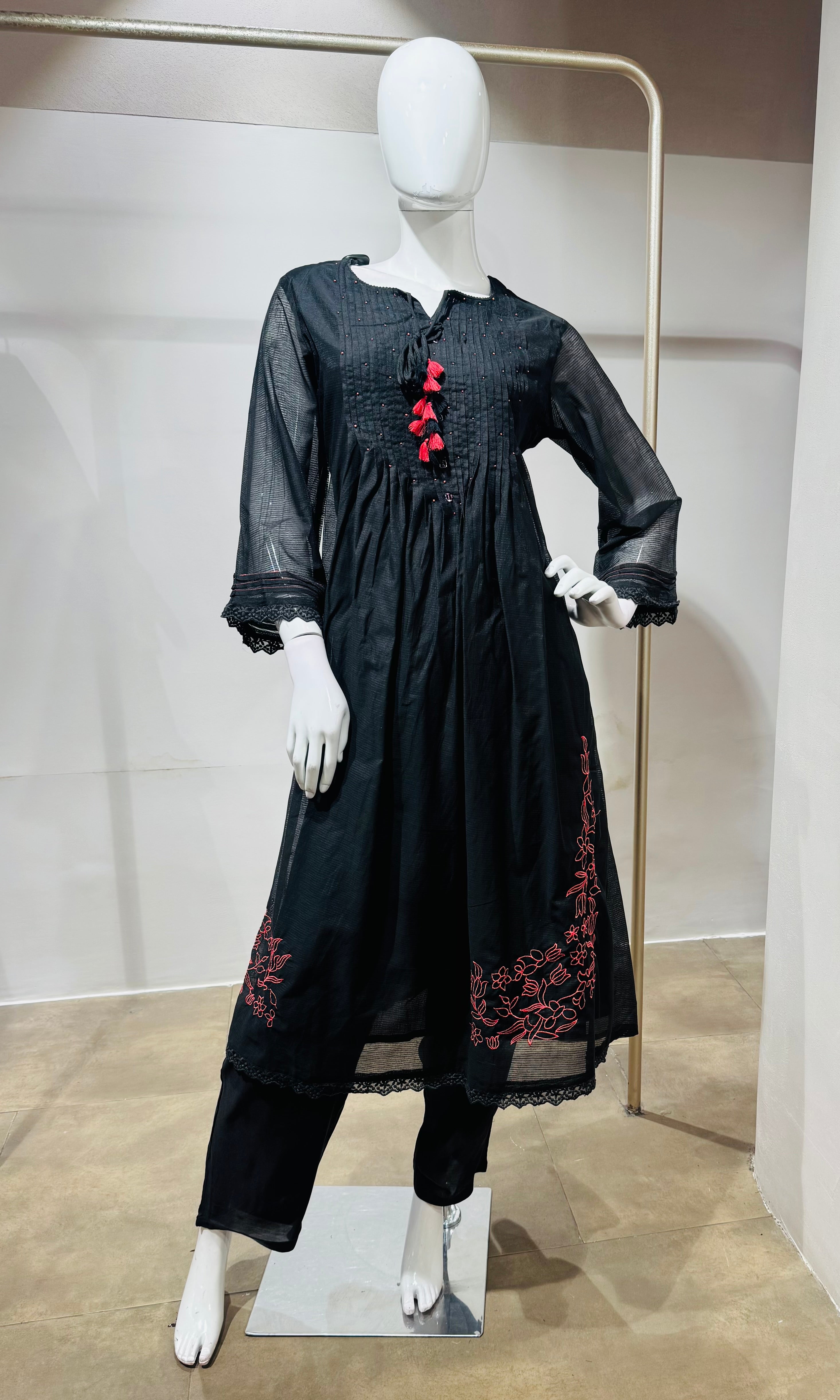 Black Pleated Kurti Set with Red Tassels