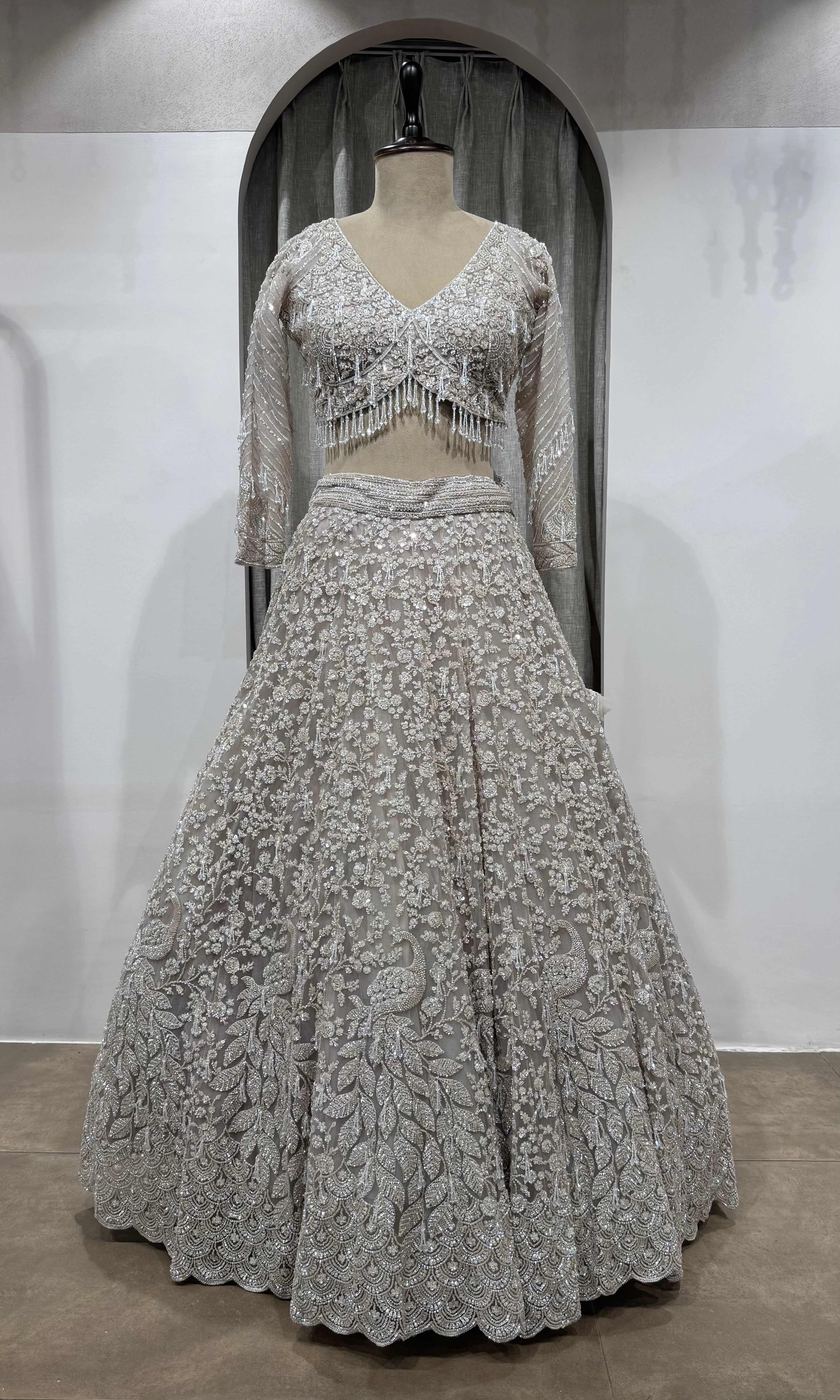 Grey Silver Net Heavy Embroidered Bridal Lehenga Set