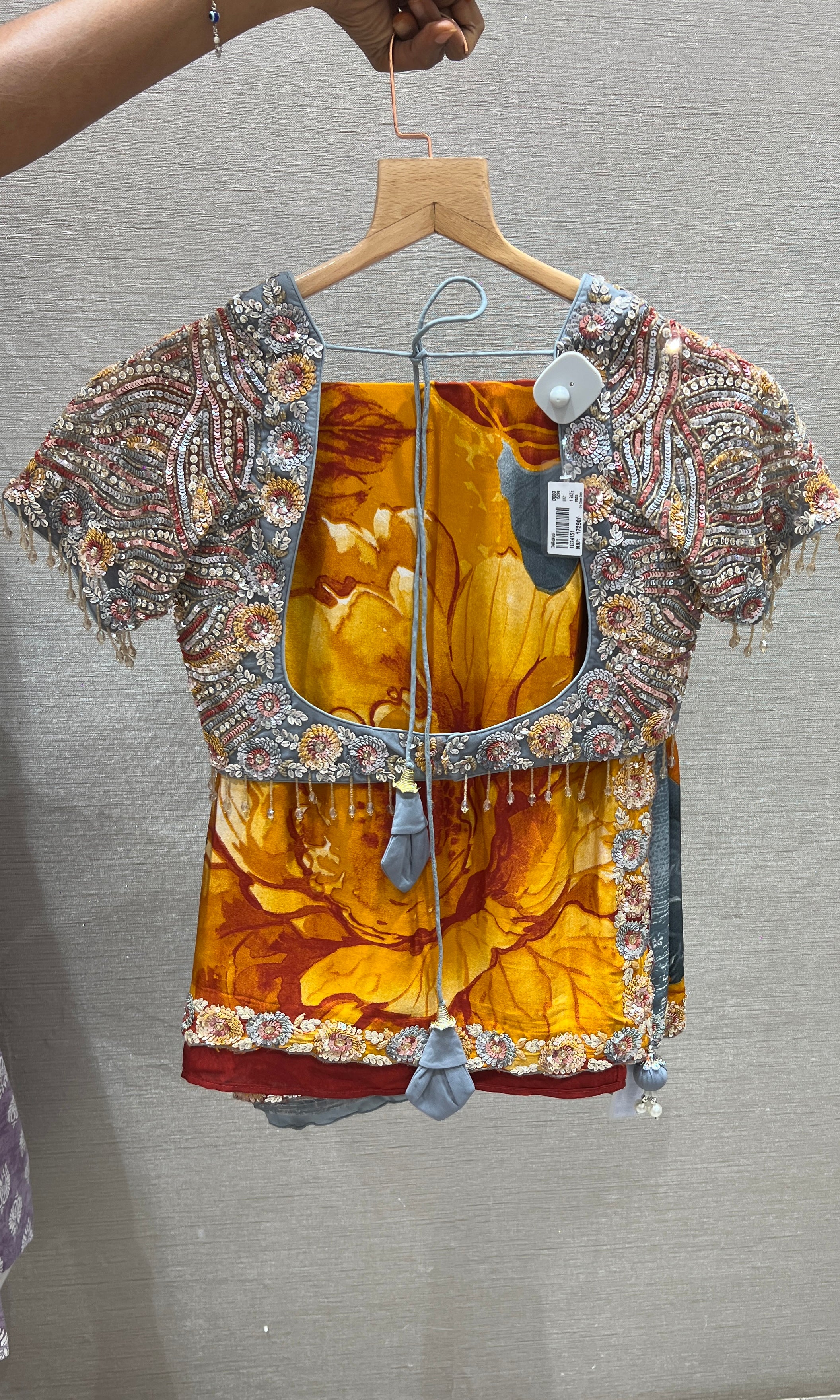Grey floral saree with embroidery ready blouse