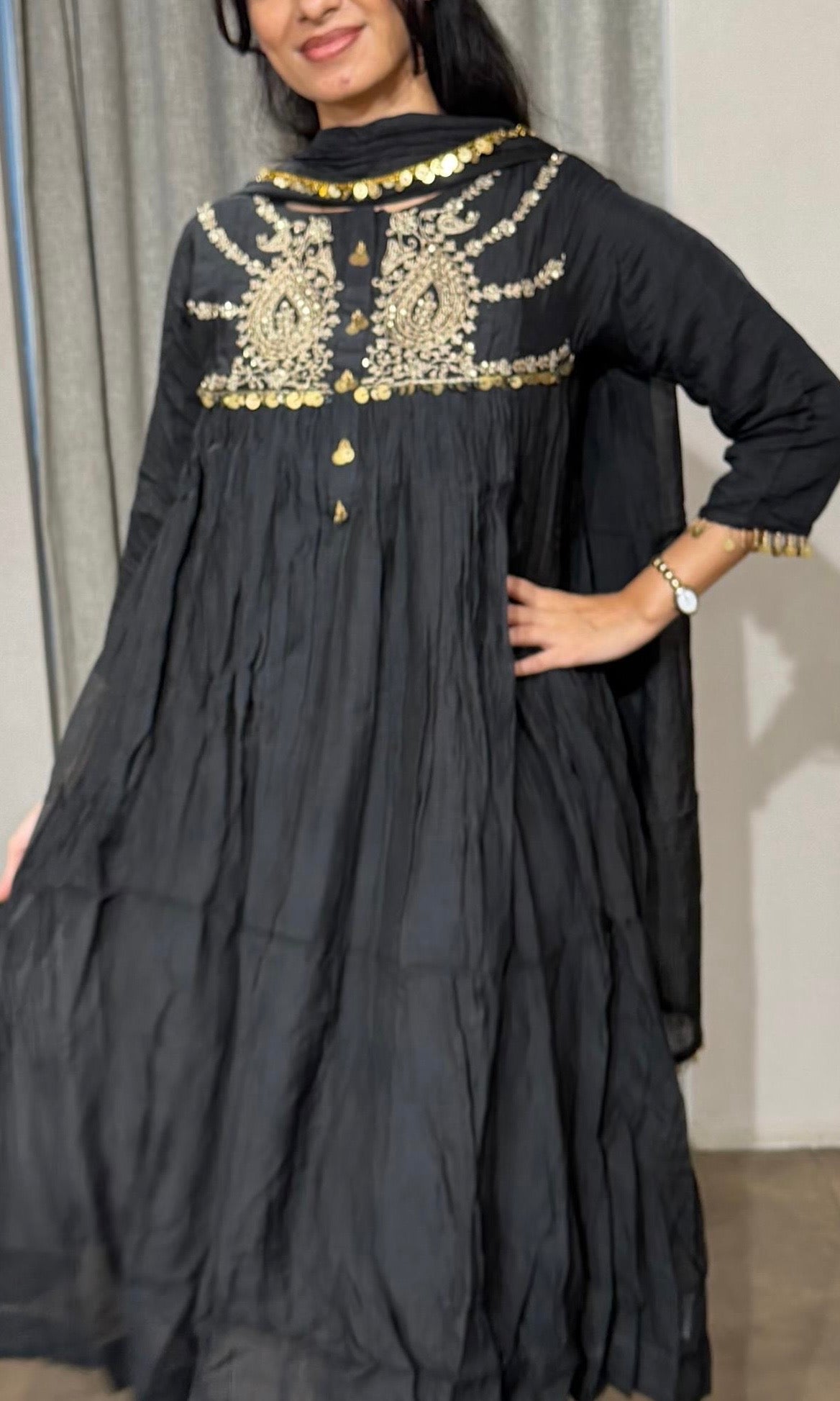 BLACK MUL CHANDERI KURTA SET WITH DUPATTA