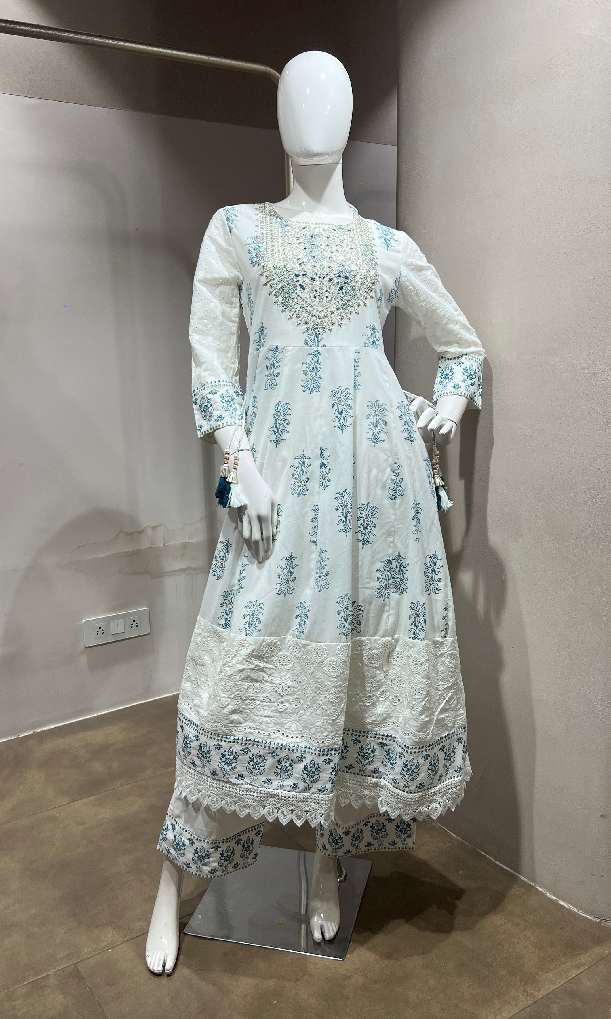 White and Sky Blue Floral Printed Anarkali Set