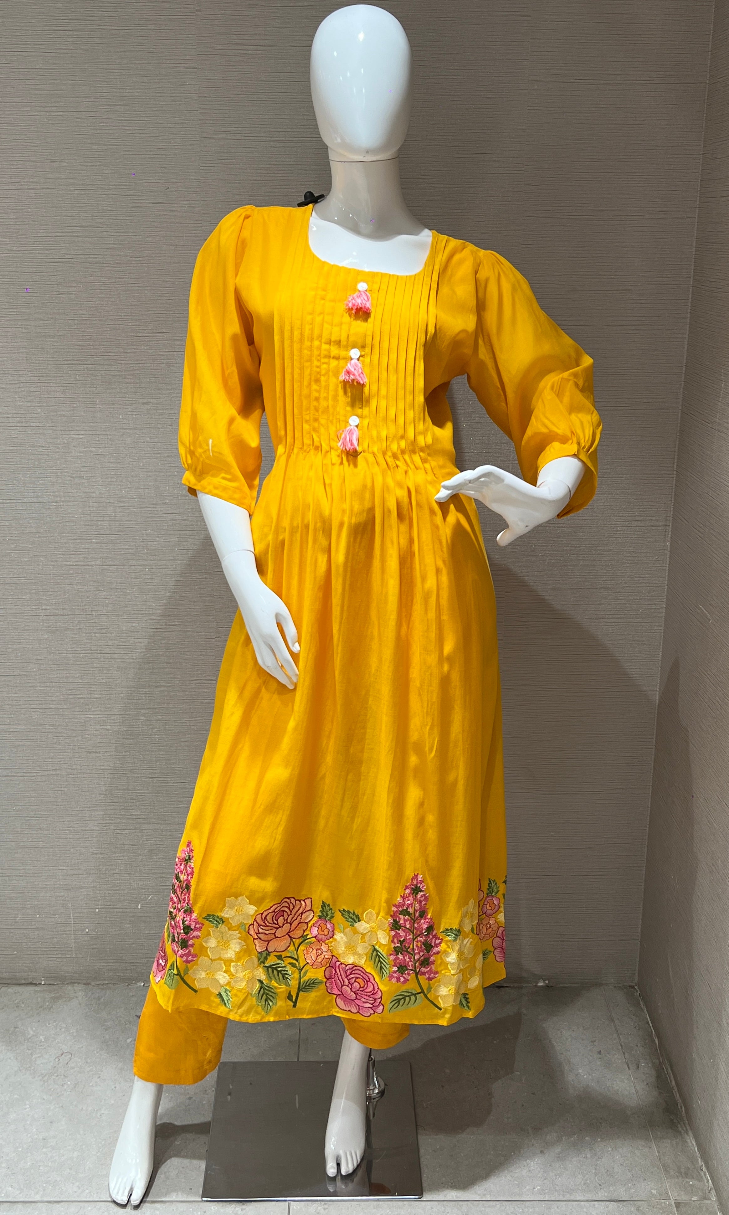 Yellow Mul Chanderi kurta set