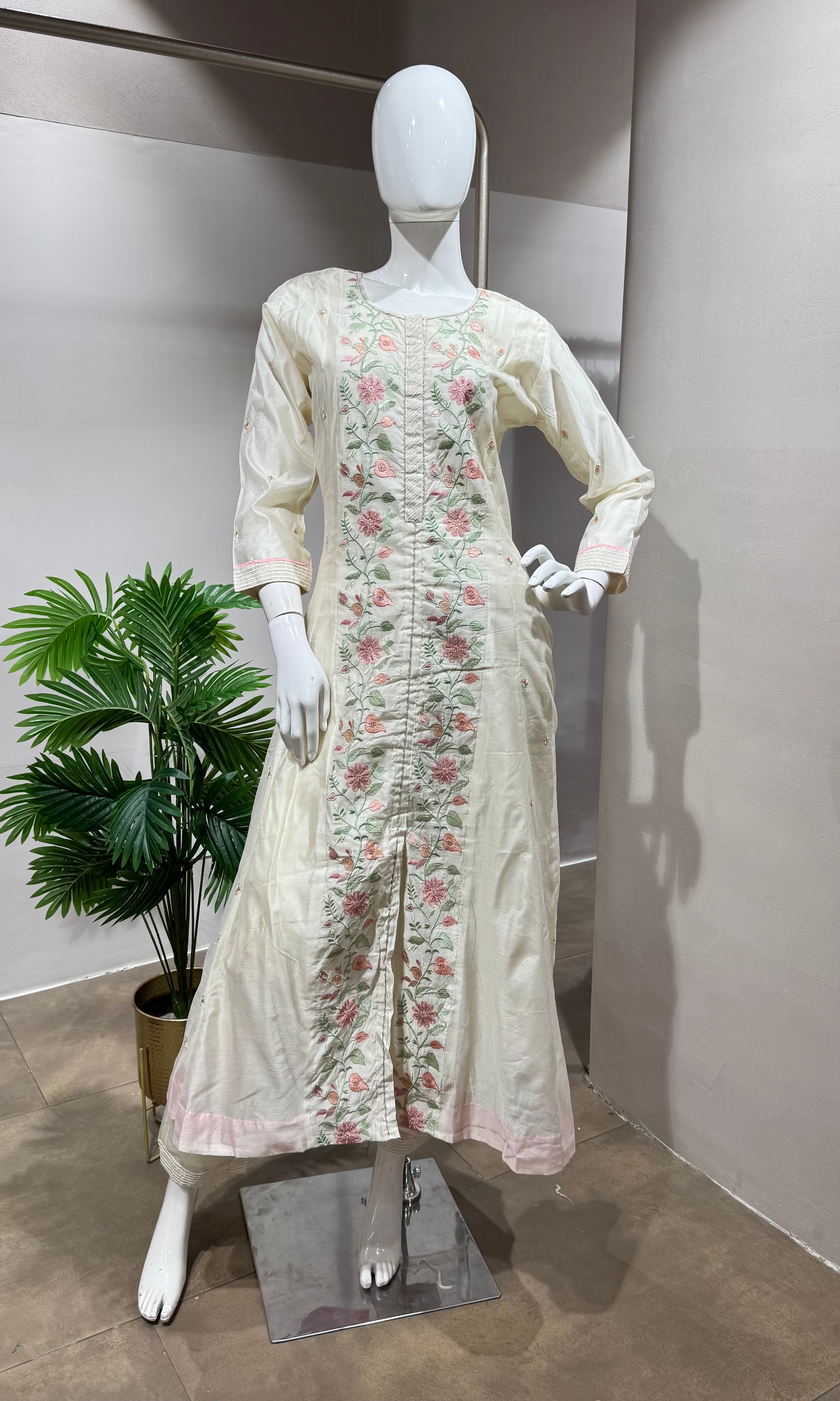 Cream Floral front slit Anarkali set