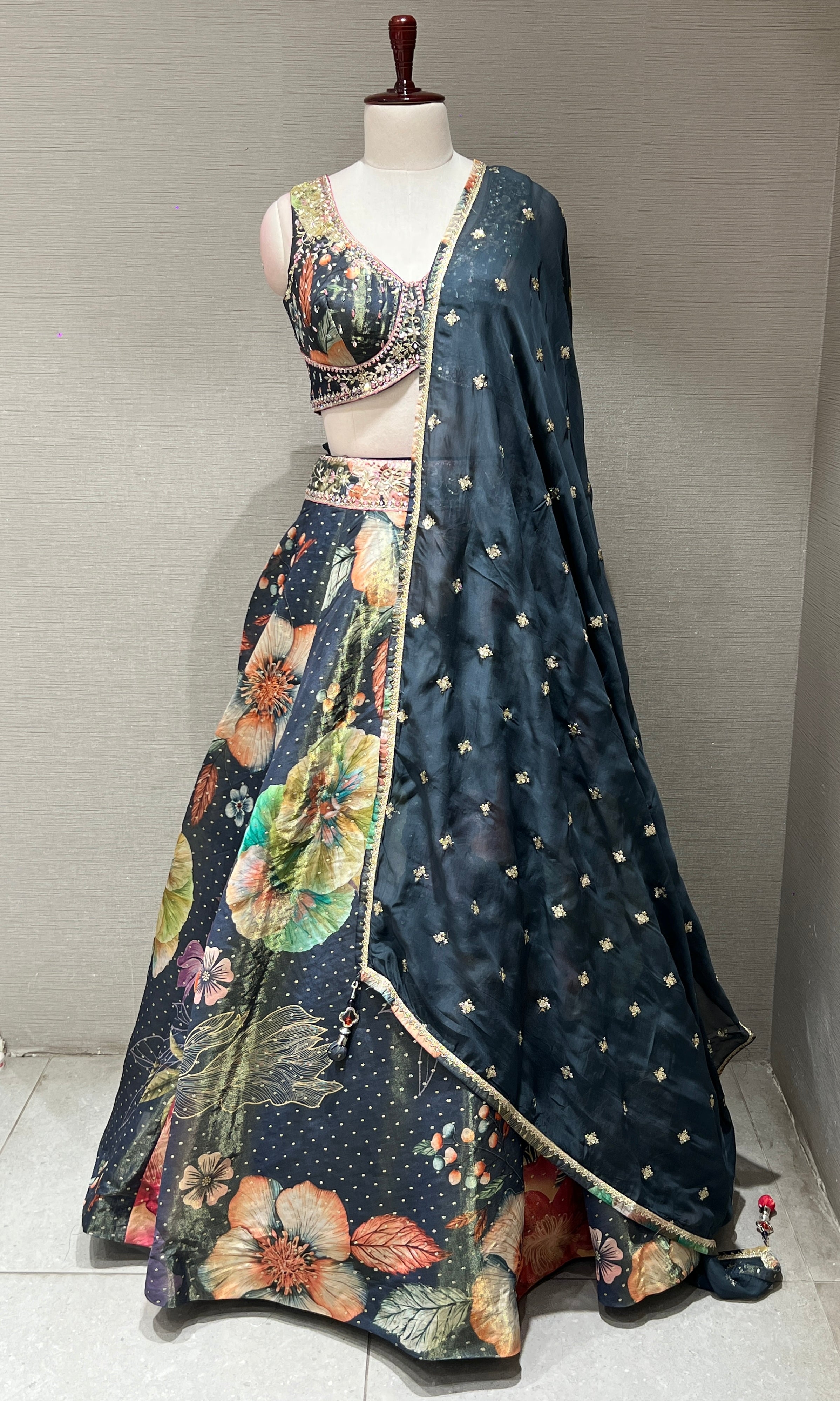 Olive green Floral Embroidered Lehenga