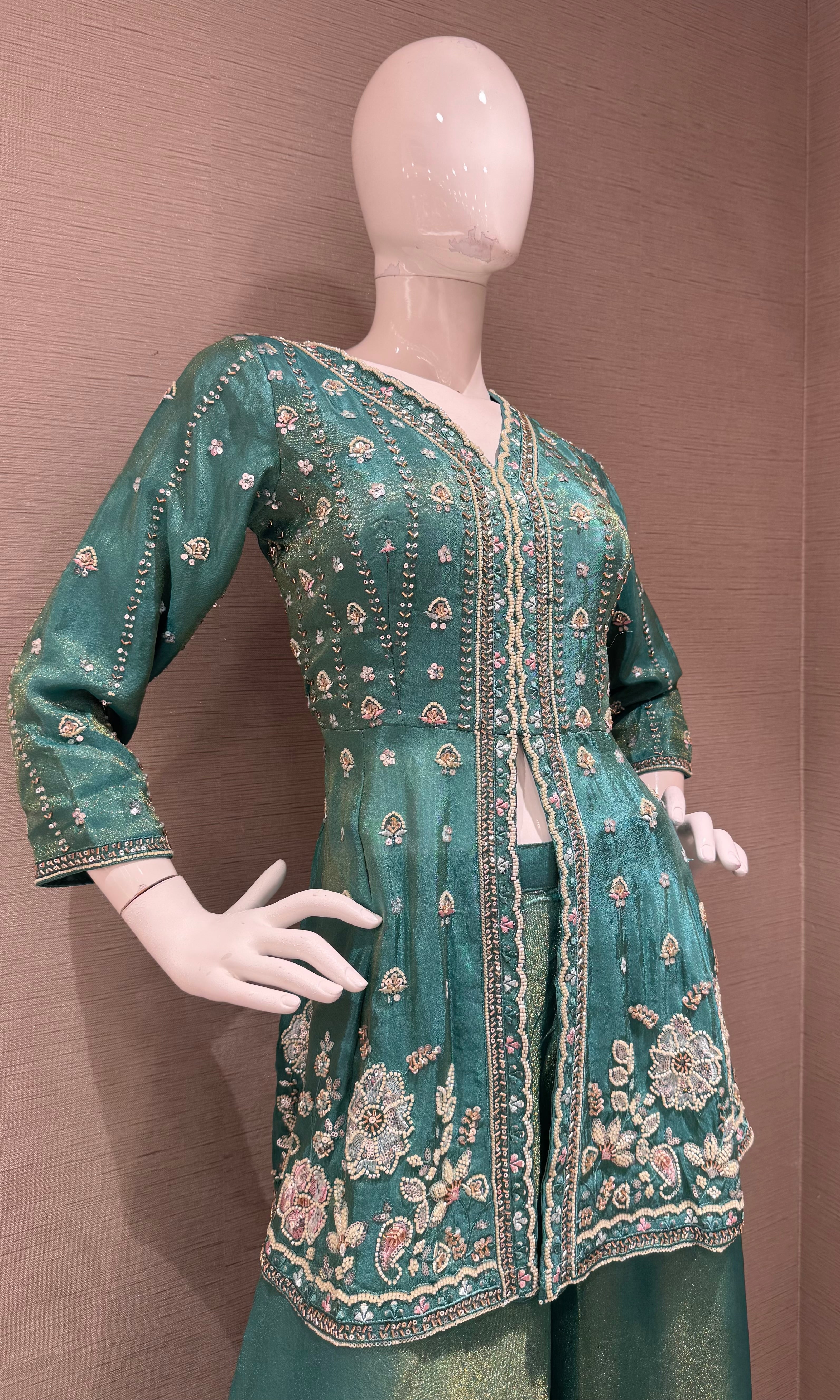 Sea green front slit embroidered peplum palazzo set