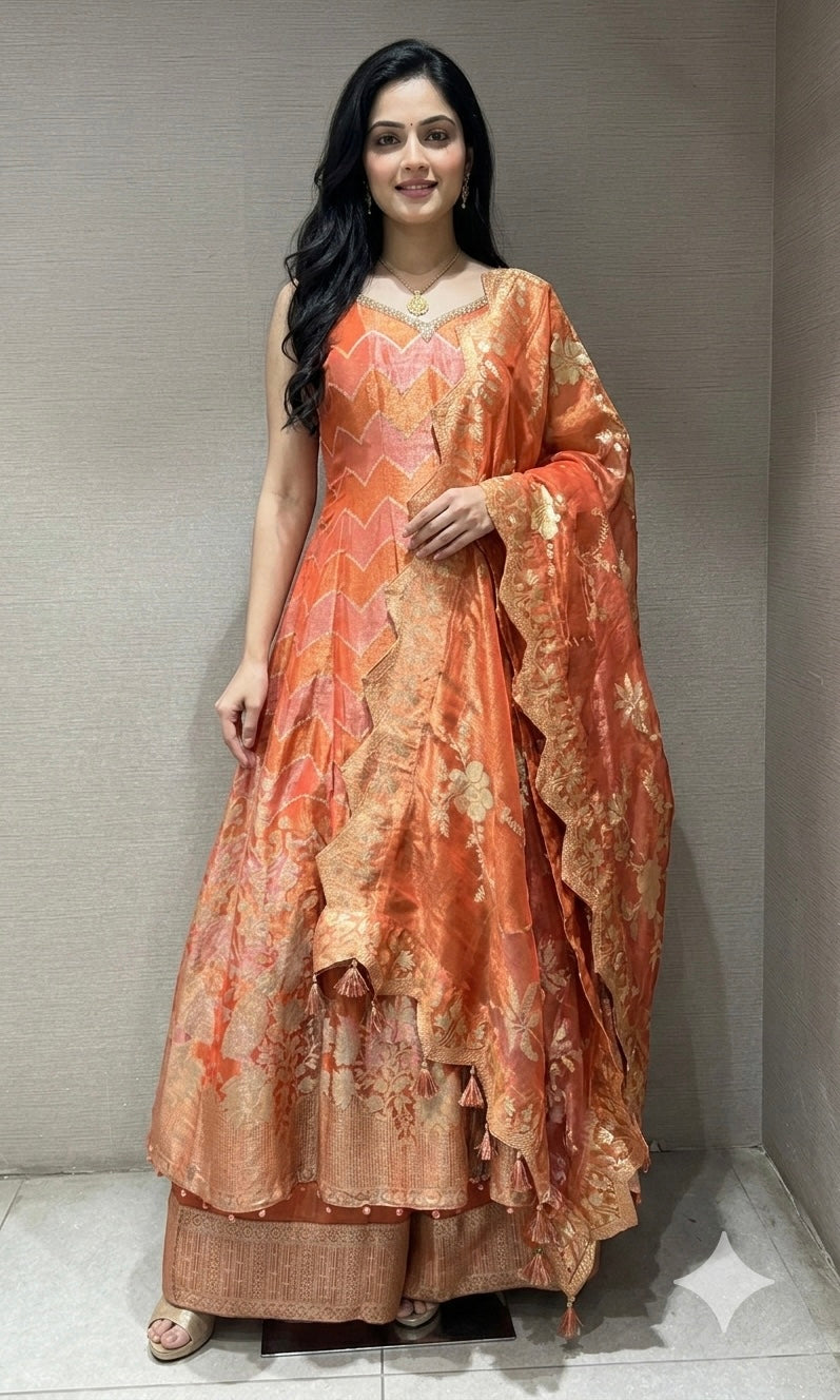 RUST Banarasi silk Anarkali palazzo SET