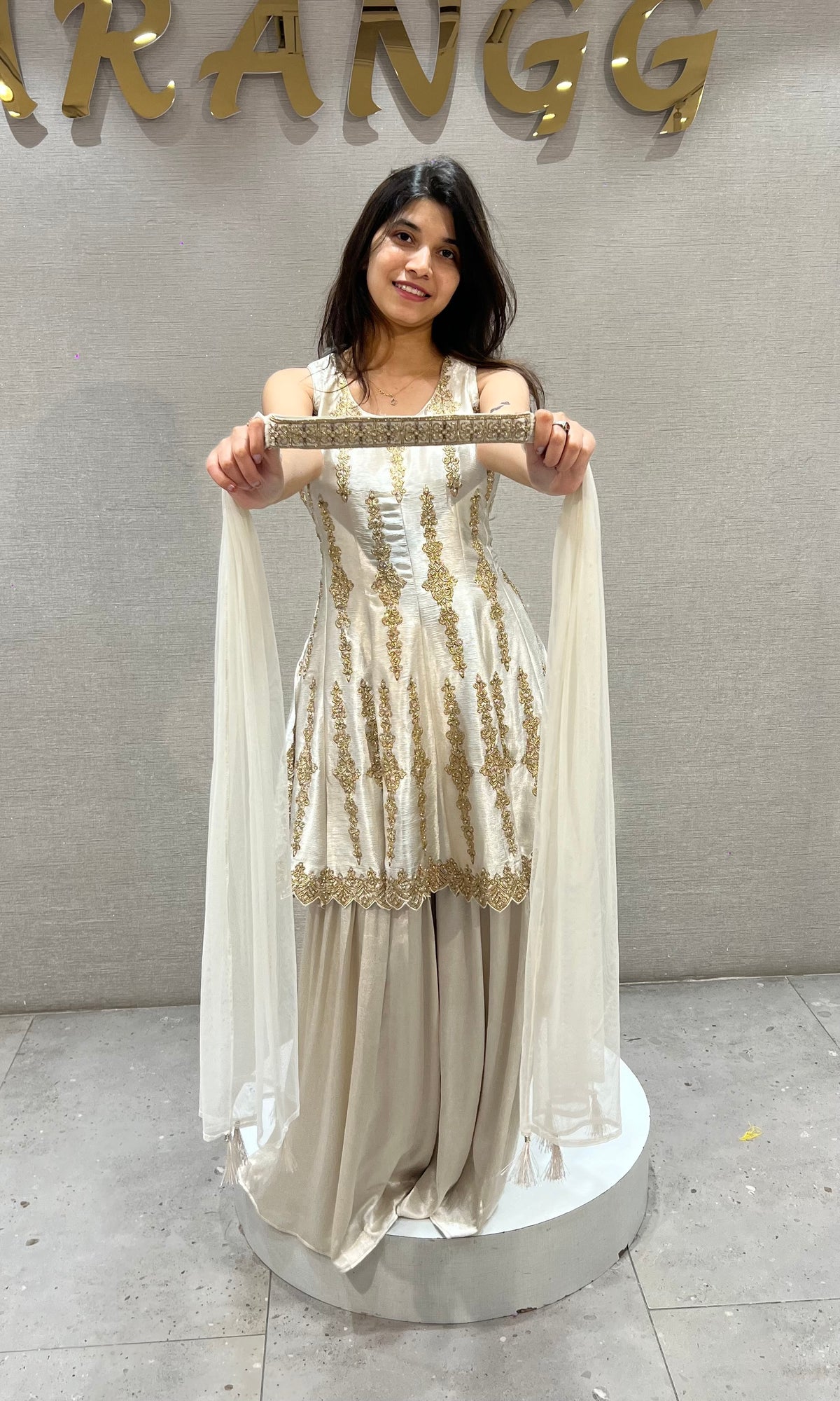 Cream and Gold Satin Embroidered Palazzo Set