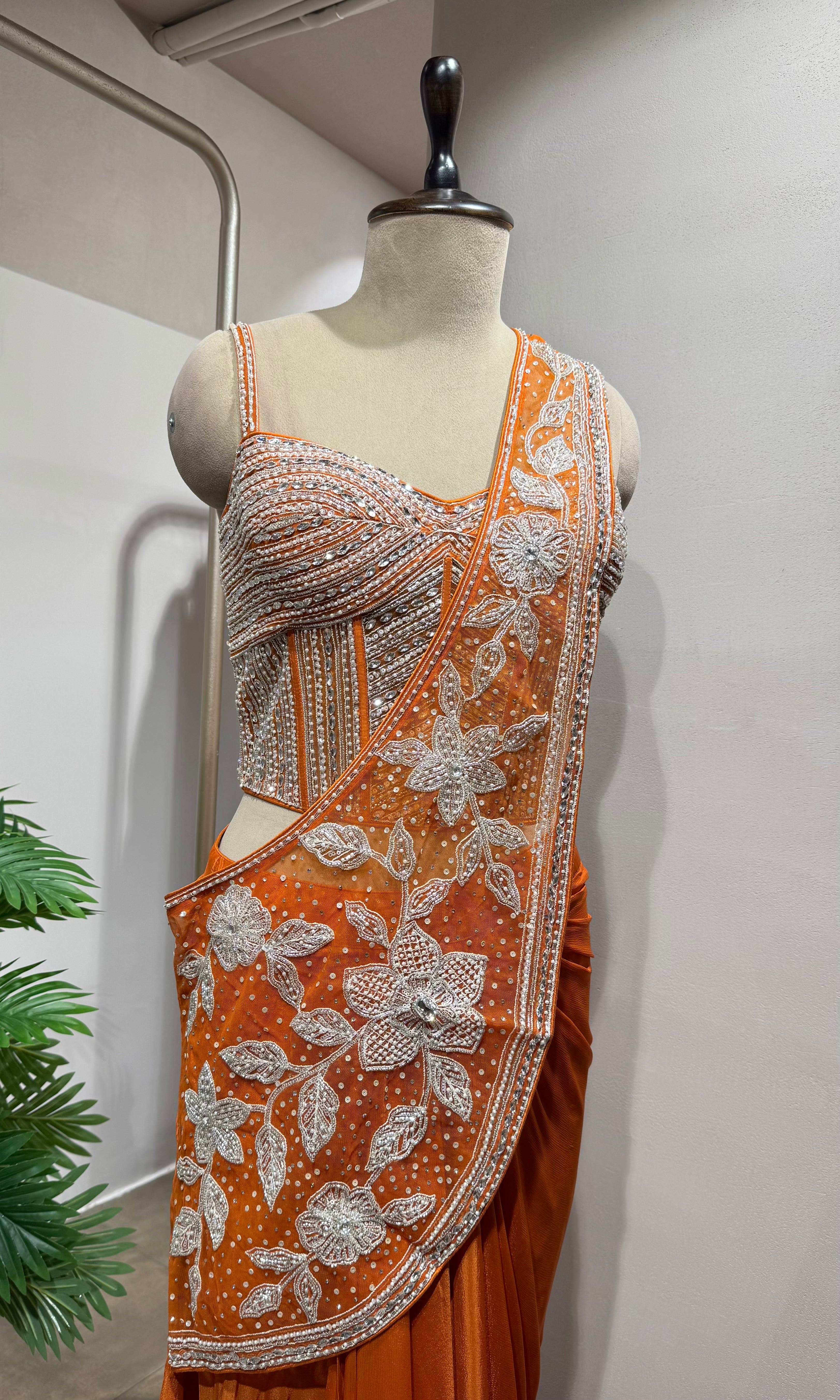 Orange drape Saree with Crystal Floral Embroidery blouse