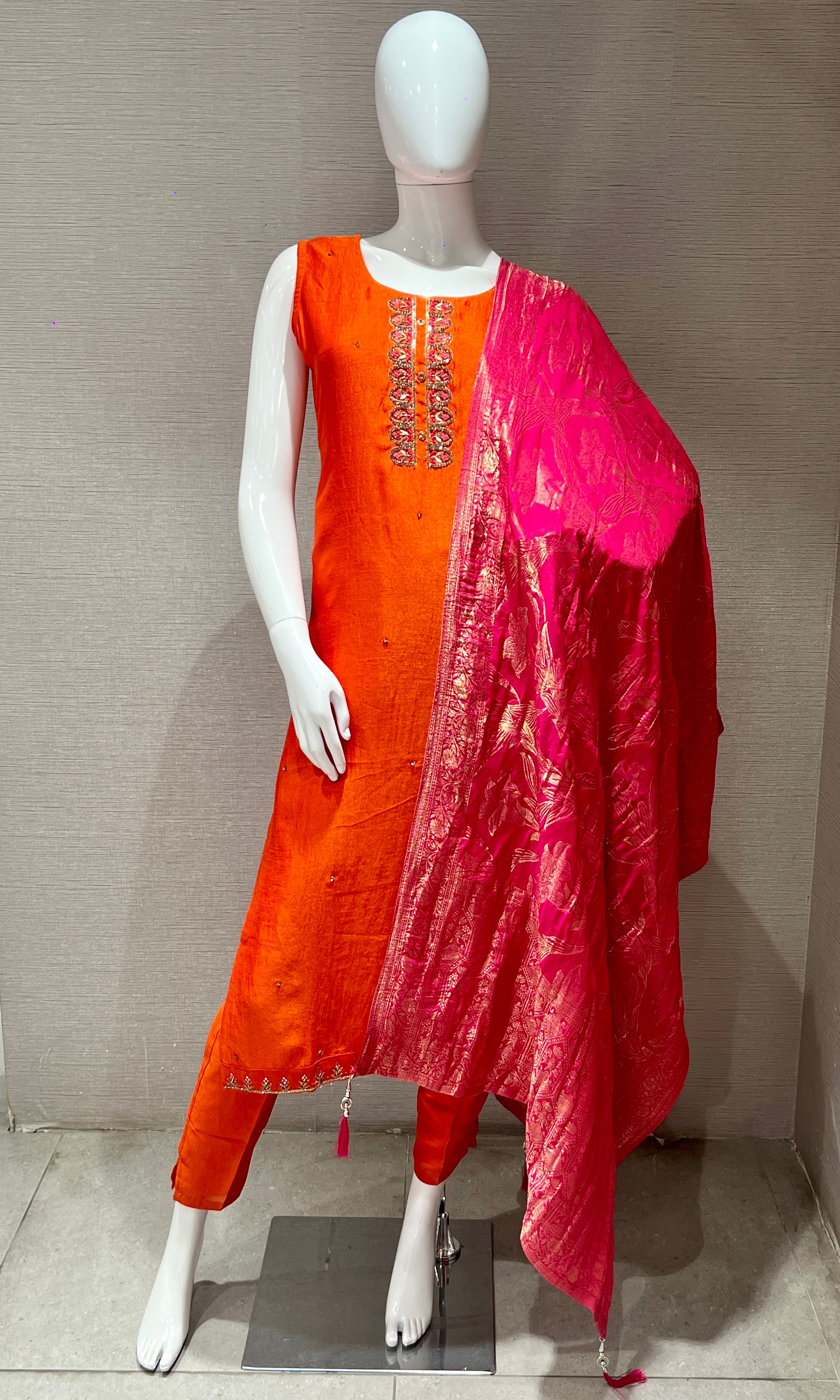 Orange Kurta set with Pink Brocade Dupatta