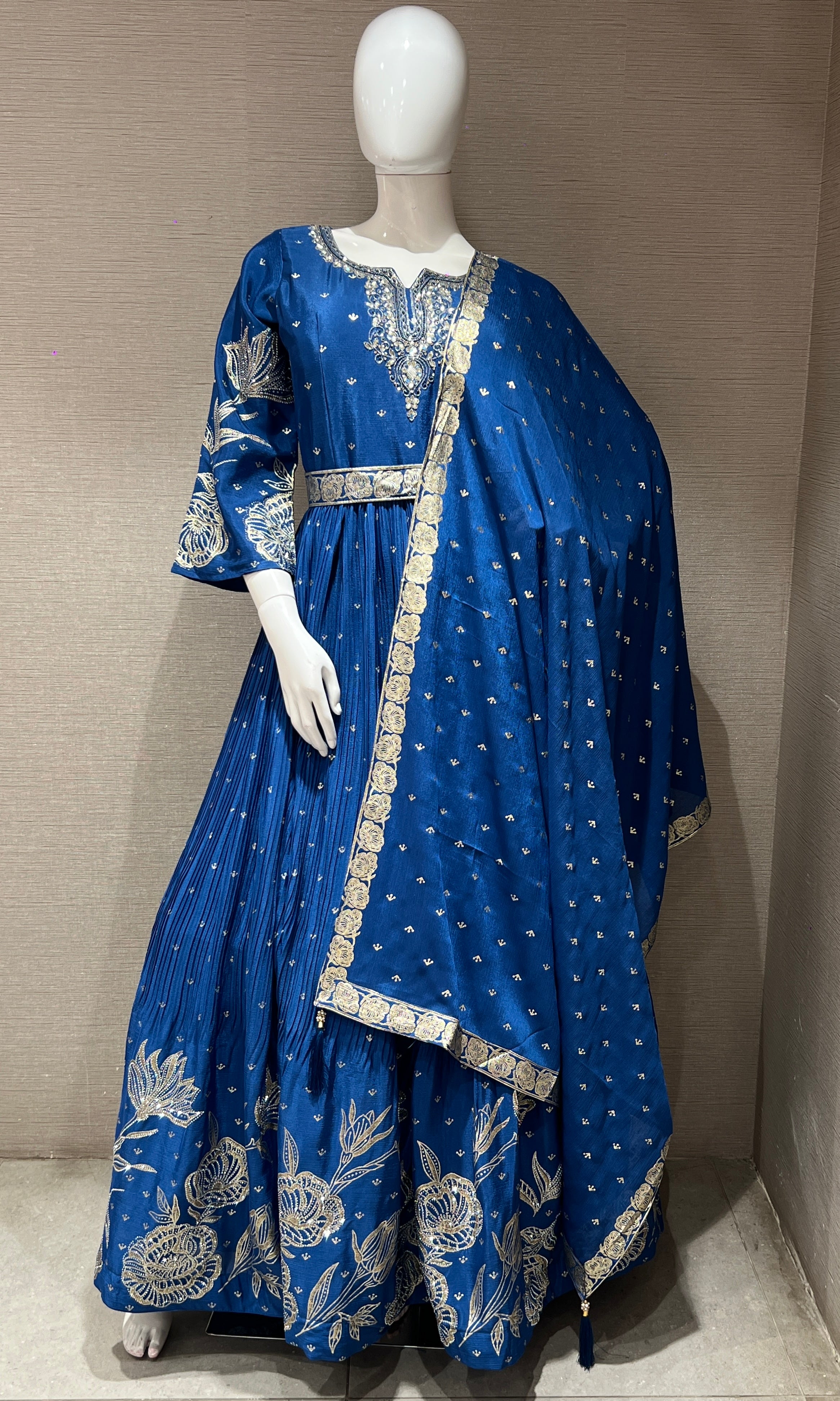 Dark Blue long anarkali with gold embroidered