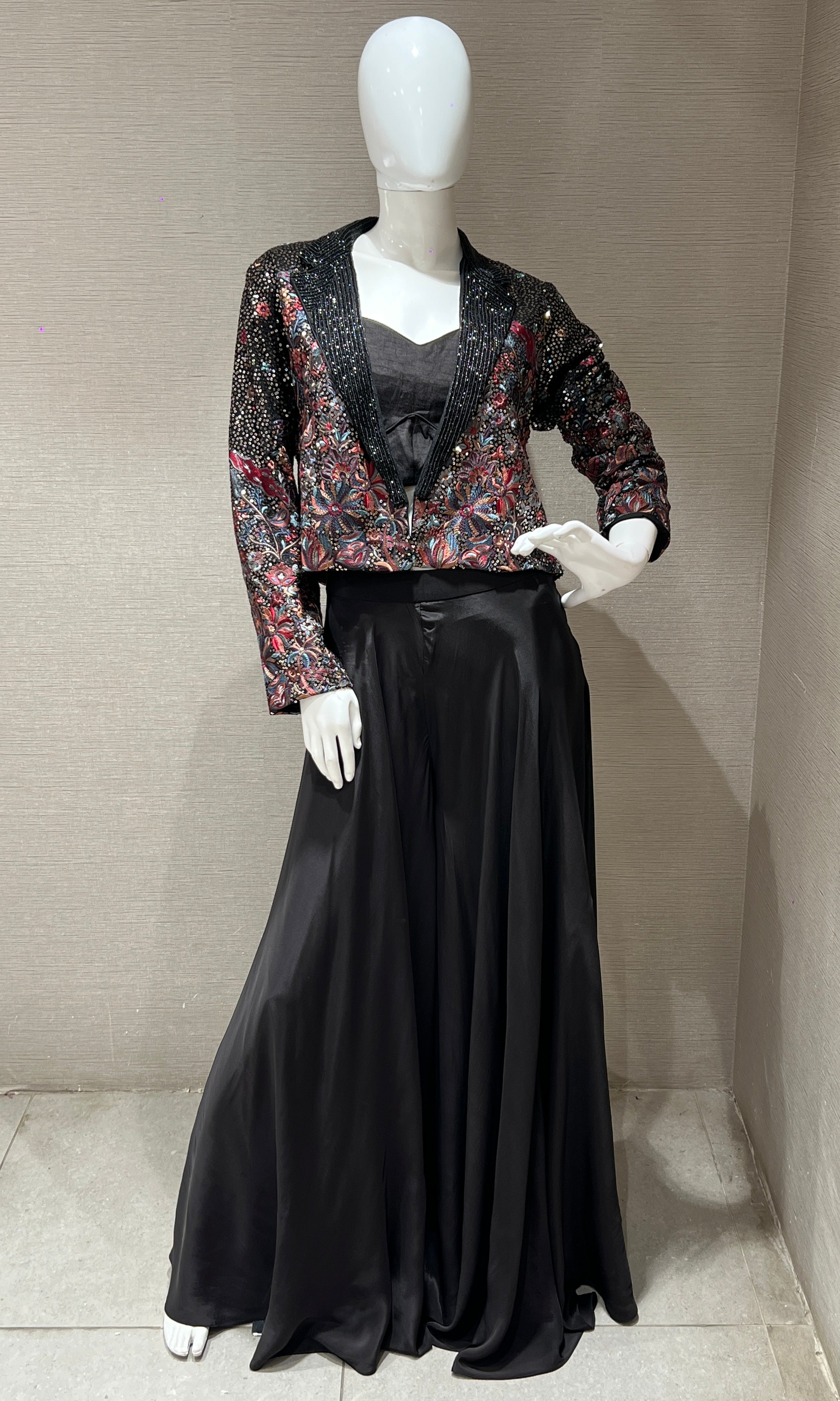 Black Palazzo Set with Embellished Jacket