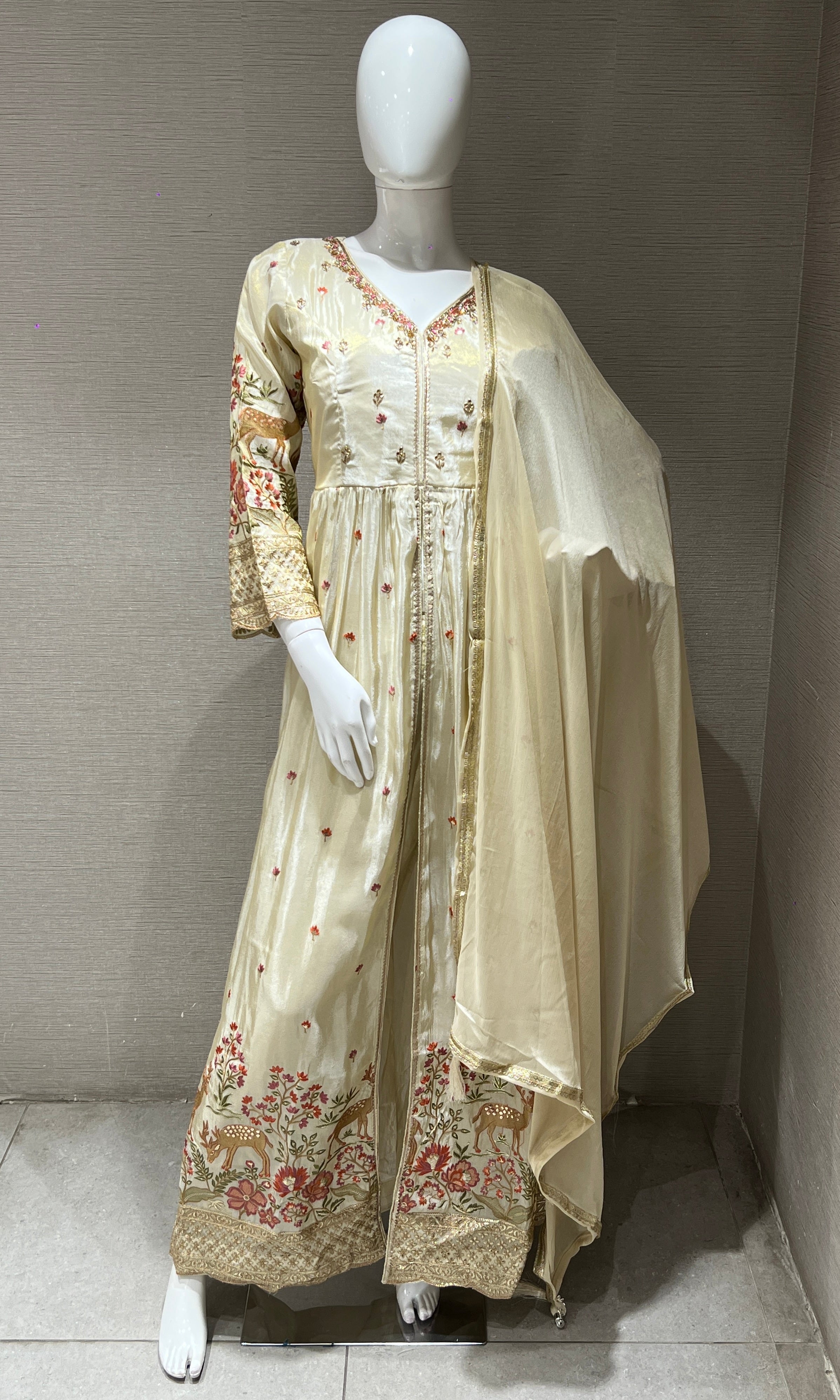 Half White Embroidered front slit Anarkali with palazzo pants