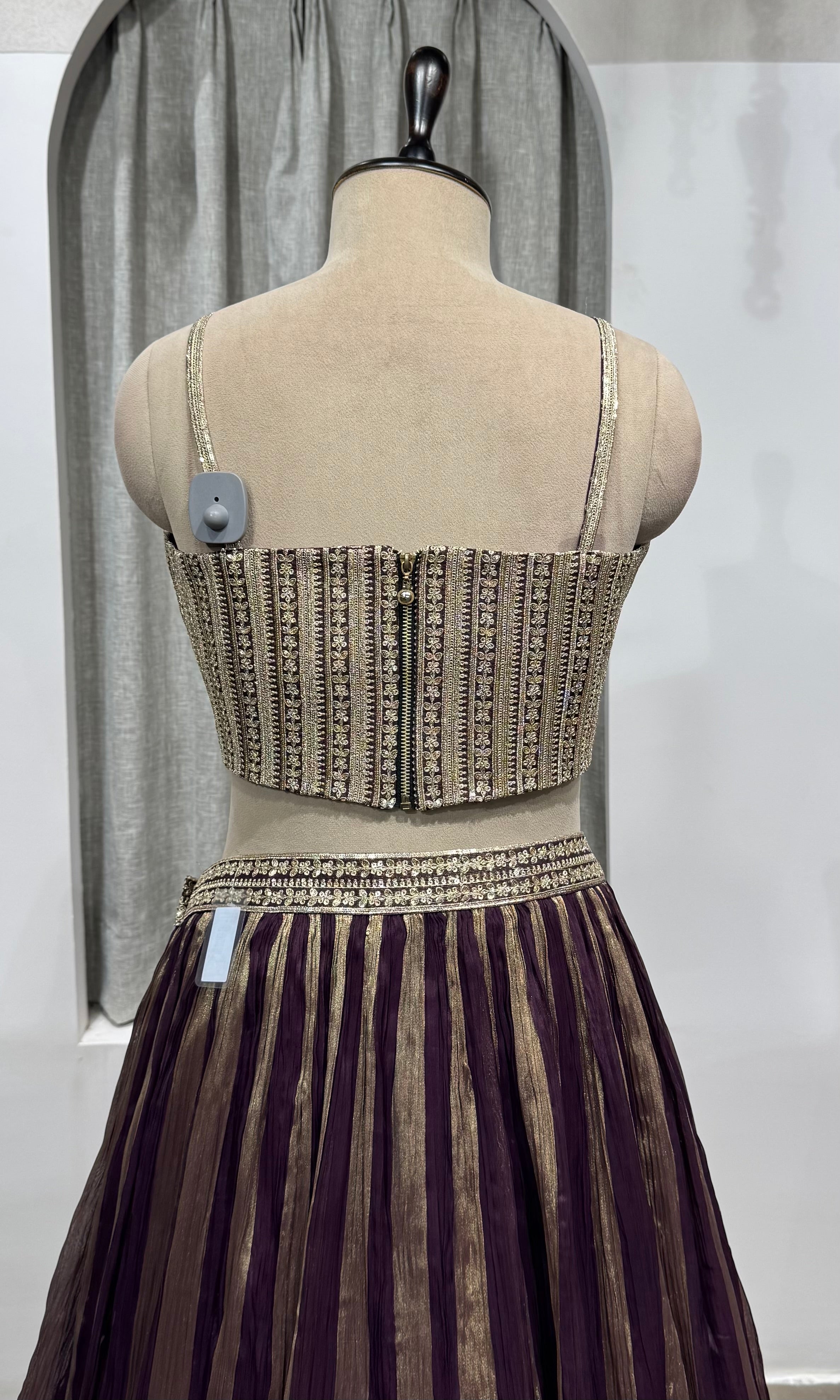 wine and gold striped corset lehenga