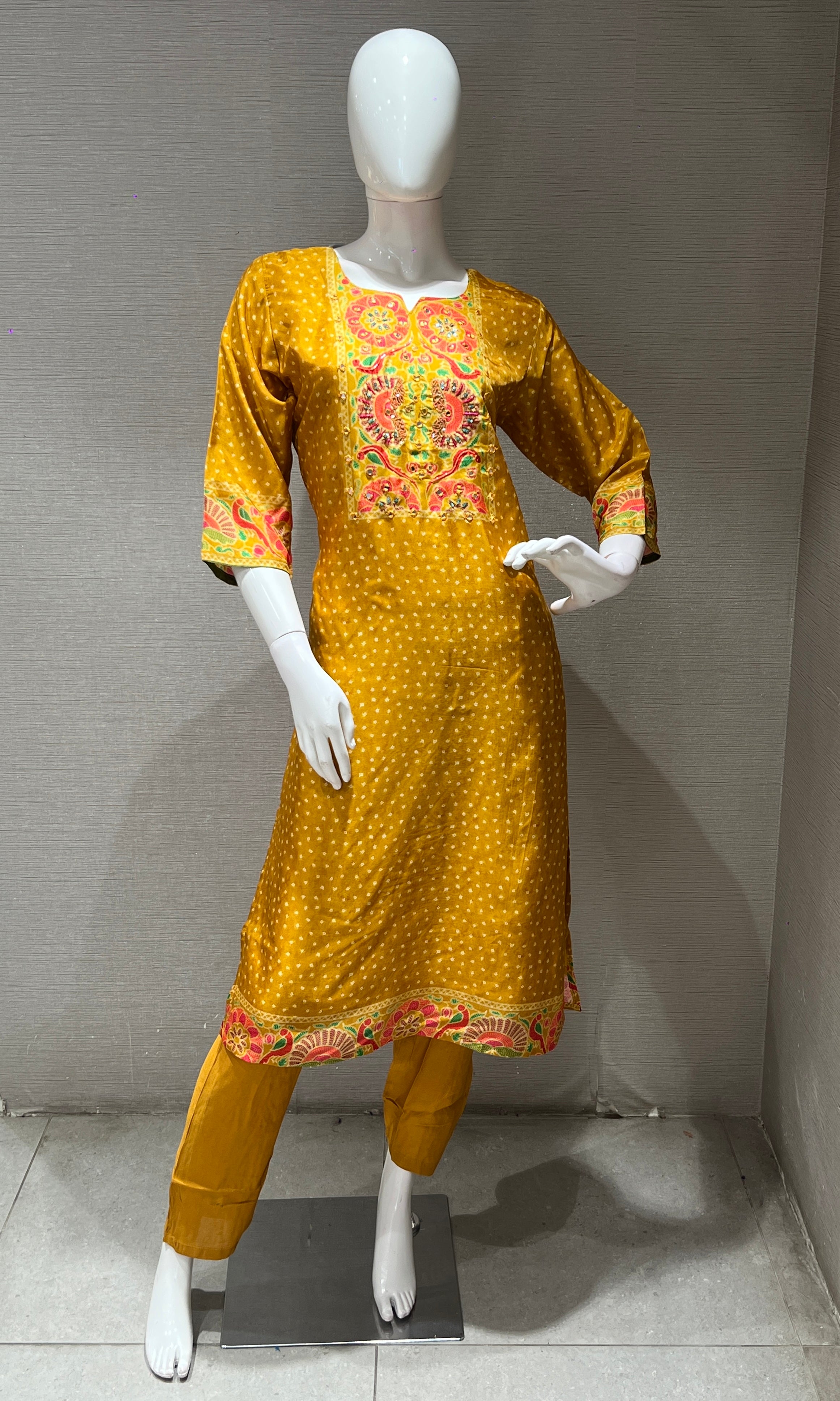 Mustard yellow floral embroidered kurta set
