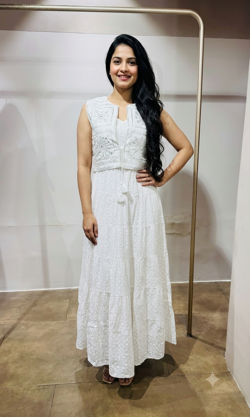 White Chikankari Embroidered frock with Cropped Jacket