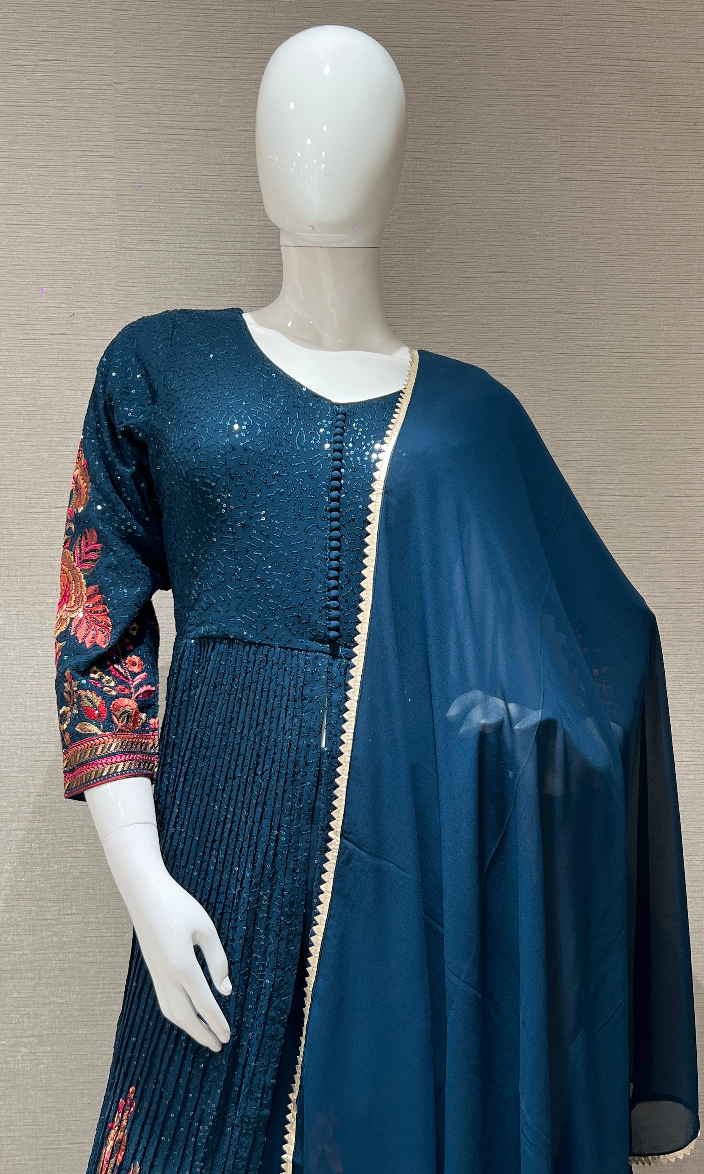 Blue Floral Anarkali With Palazoo Pants