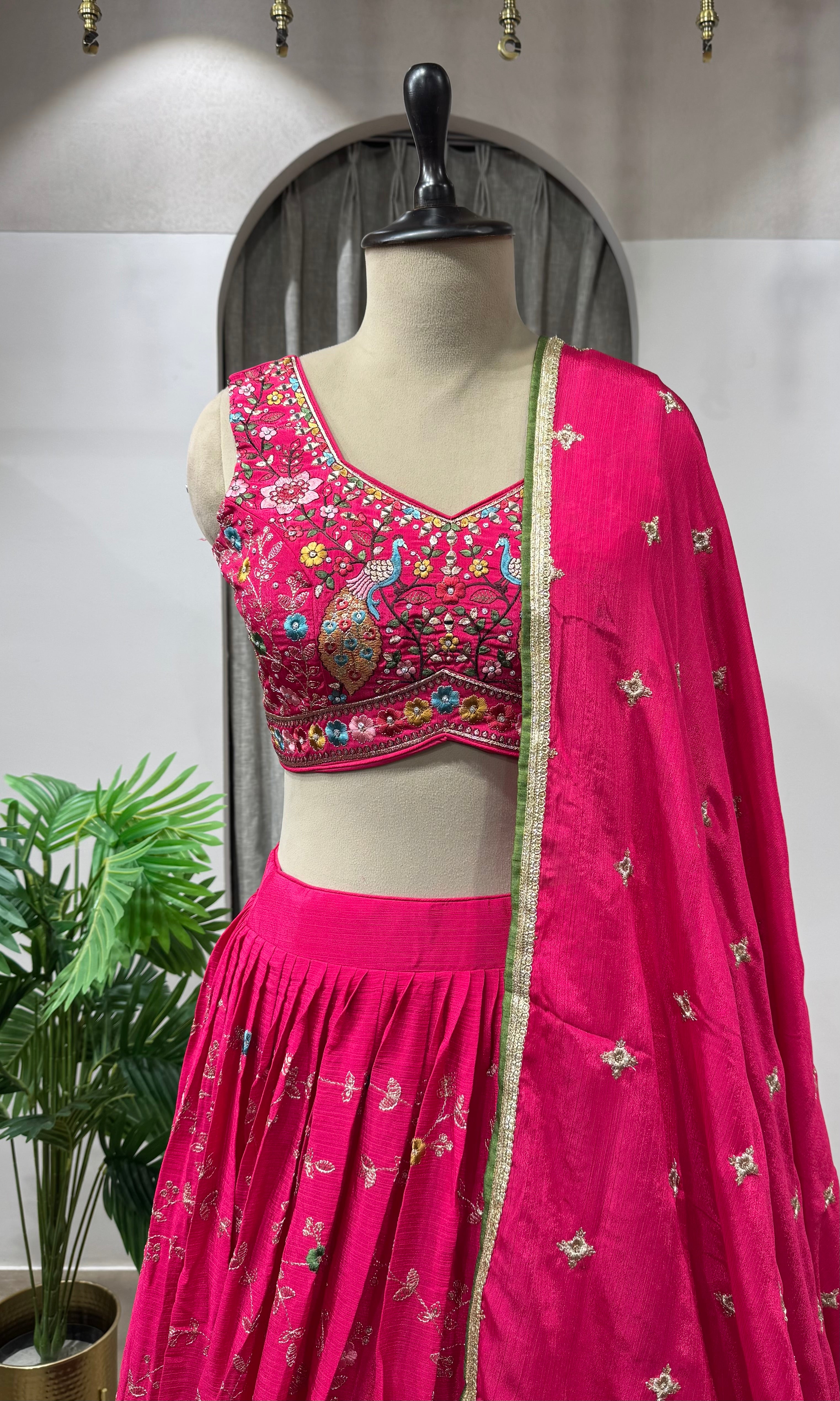 Fuchsia pink floral embroidered Lehenga set
