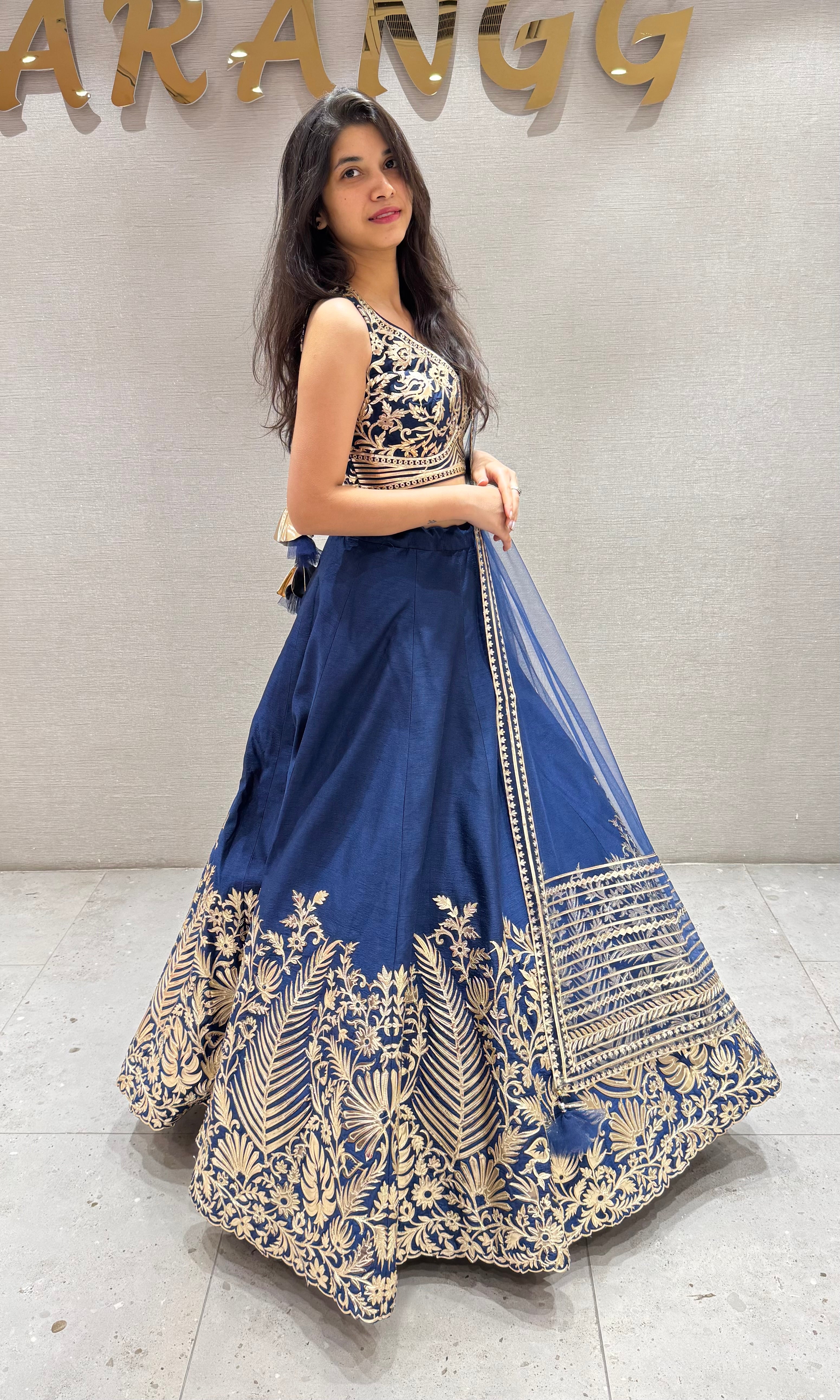 Navy blue GOLDEN FLORAL EMBROIDERED LEHENGA