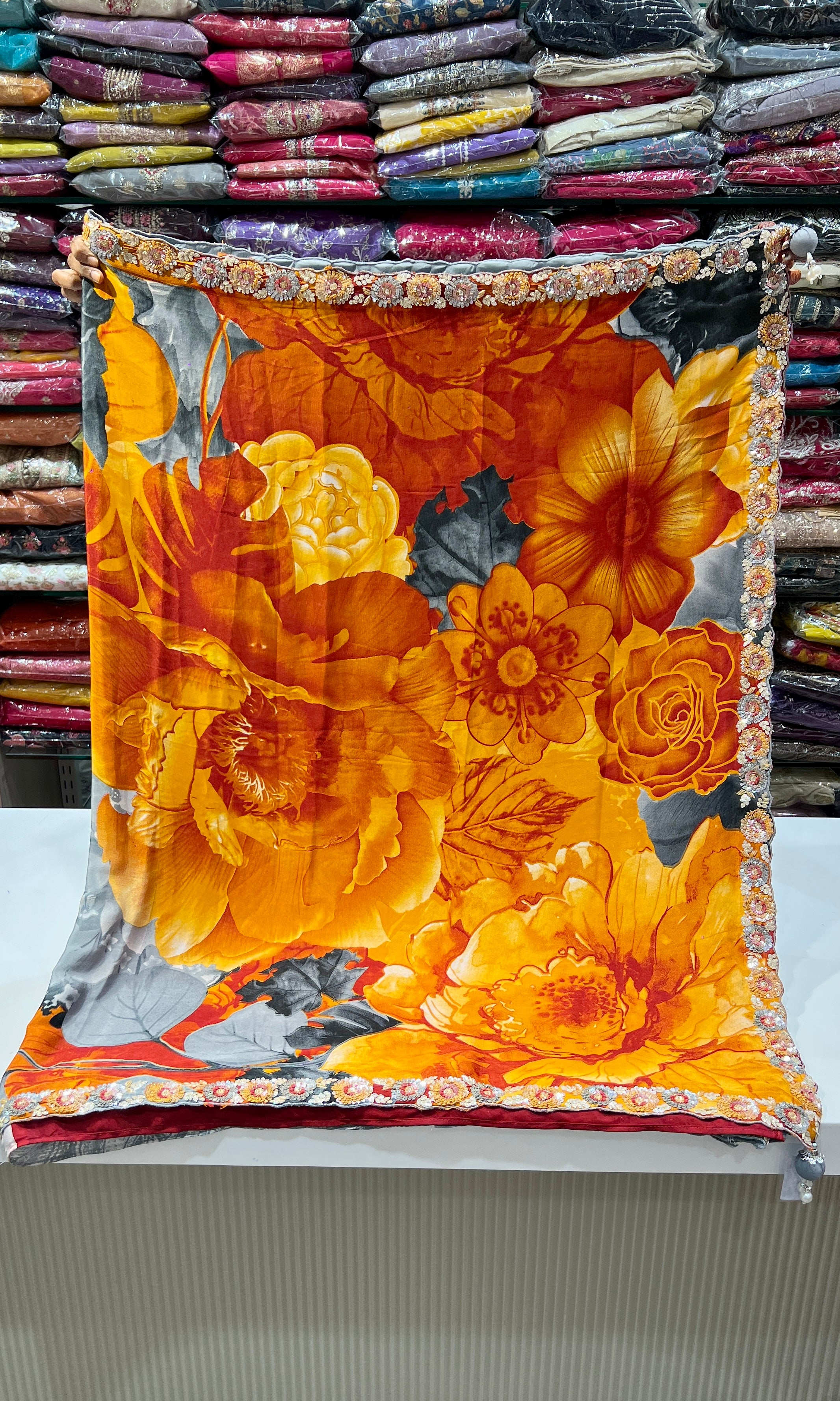 Grey floral saree with embroidery ready blouse