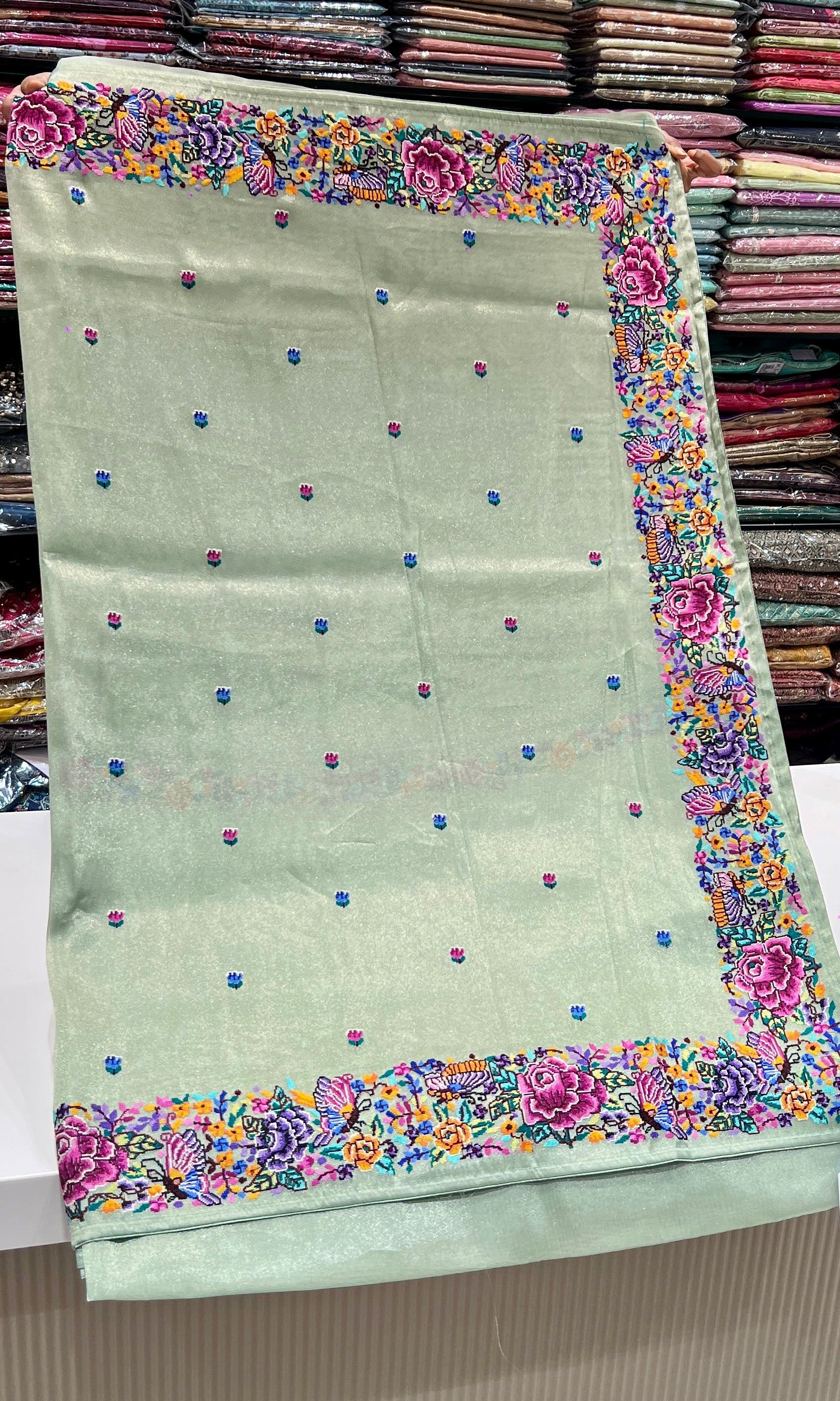 Pista Green Floral Embroidered Saree