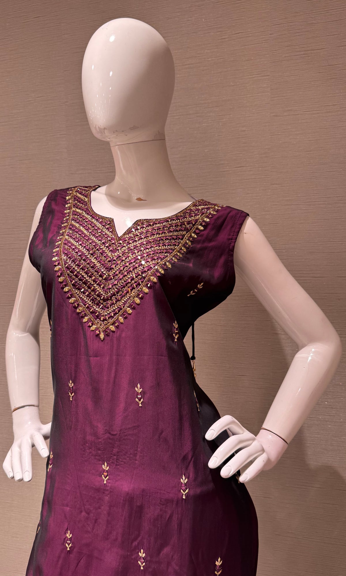 Wine Golden Silk Embroidered Kurta Set