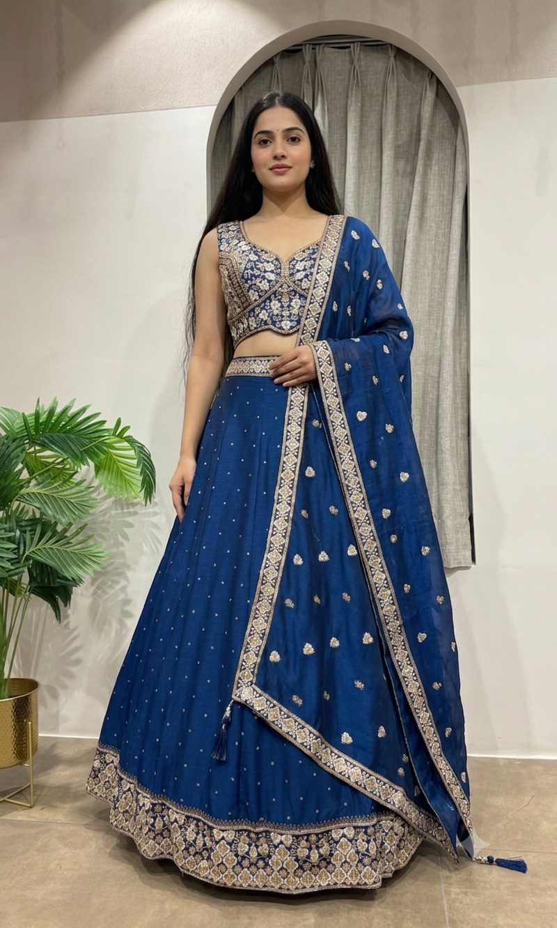 blue intricate silver & gold embroidery Lehenga