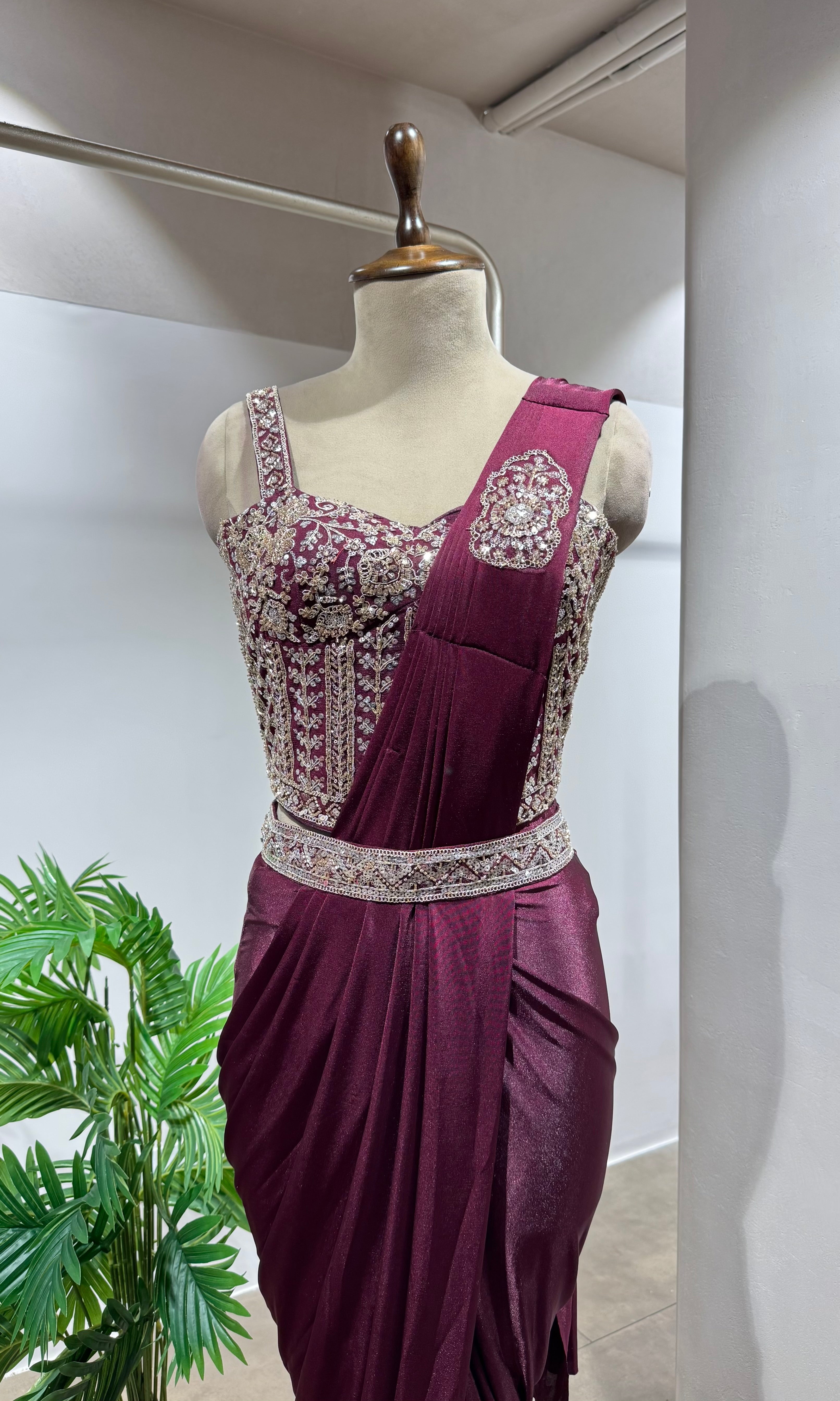 WINE CORSET DRAPED SAREE WITH BELT
