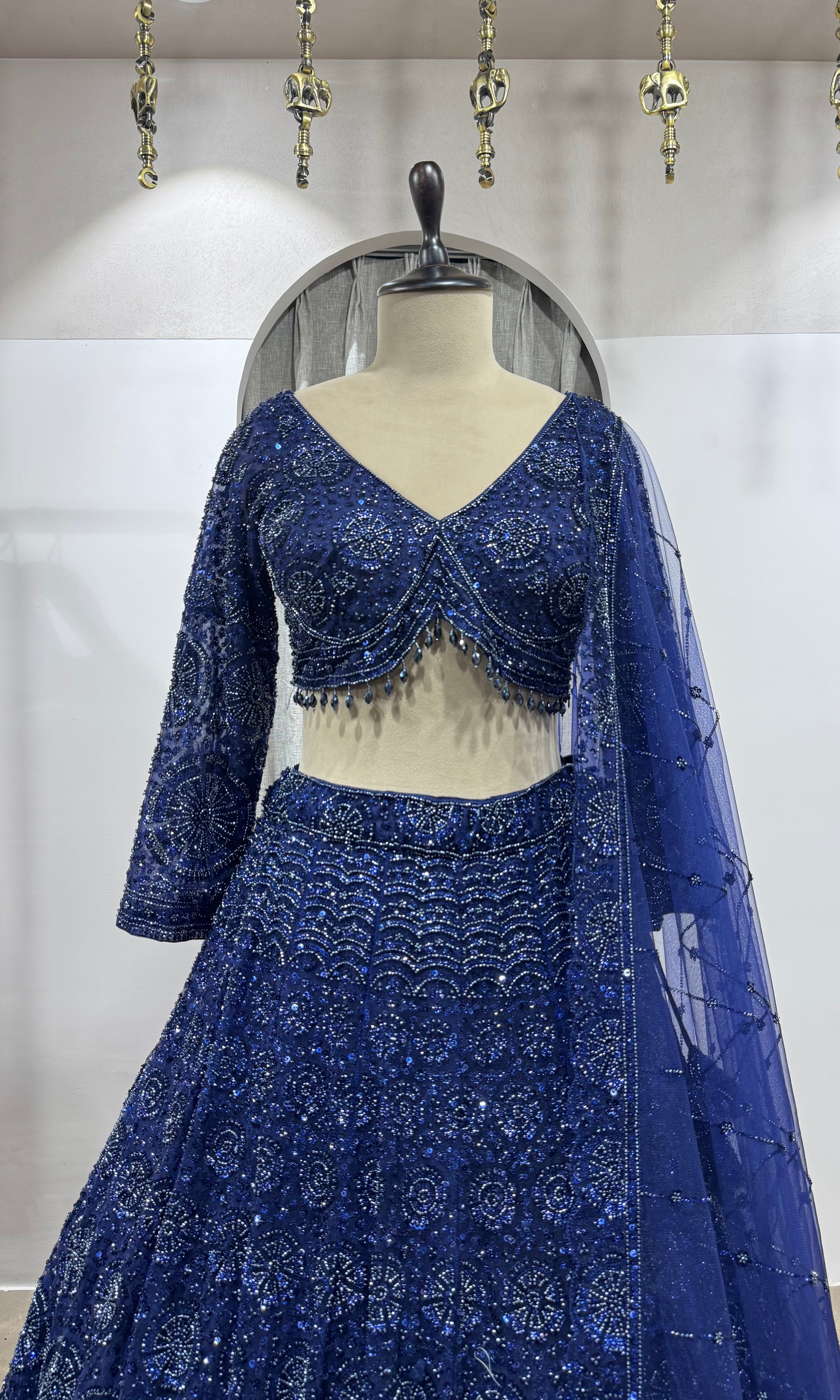 midnight blue sequin embroidered net lehenga
