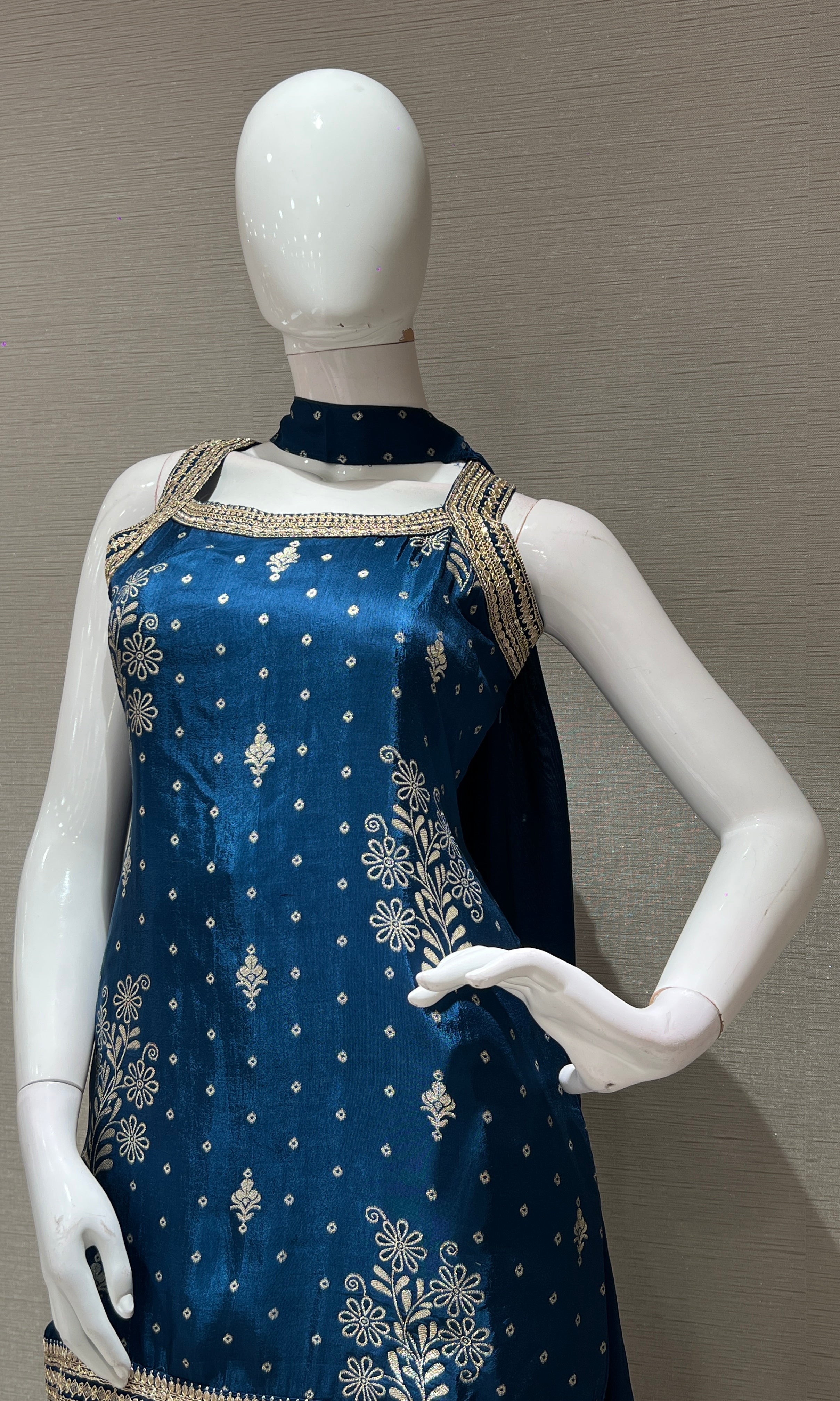 BLUE GOLD EMBROIDERED SHARARA SET