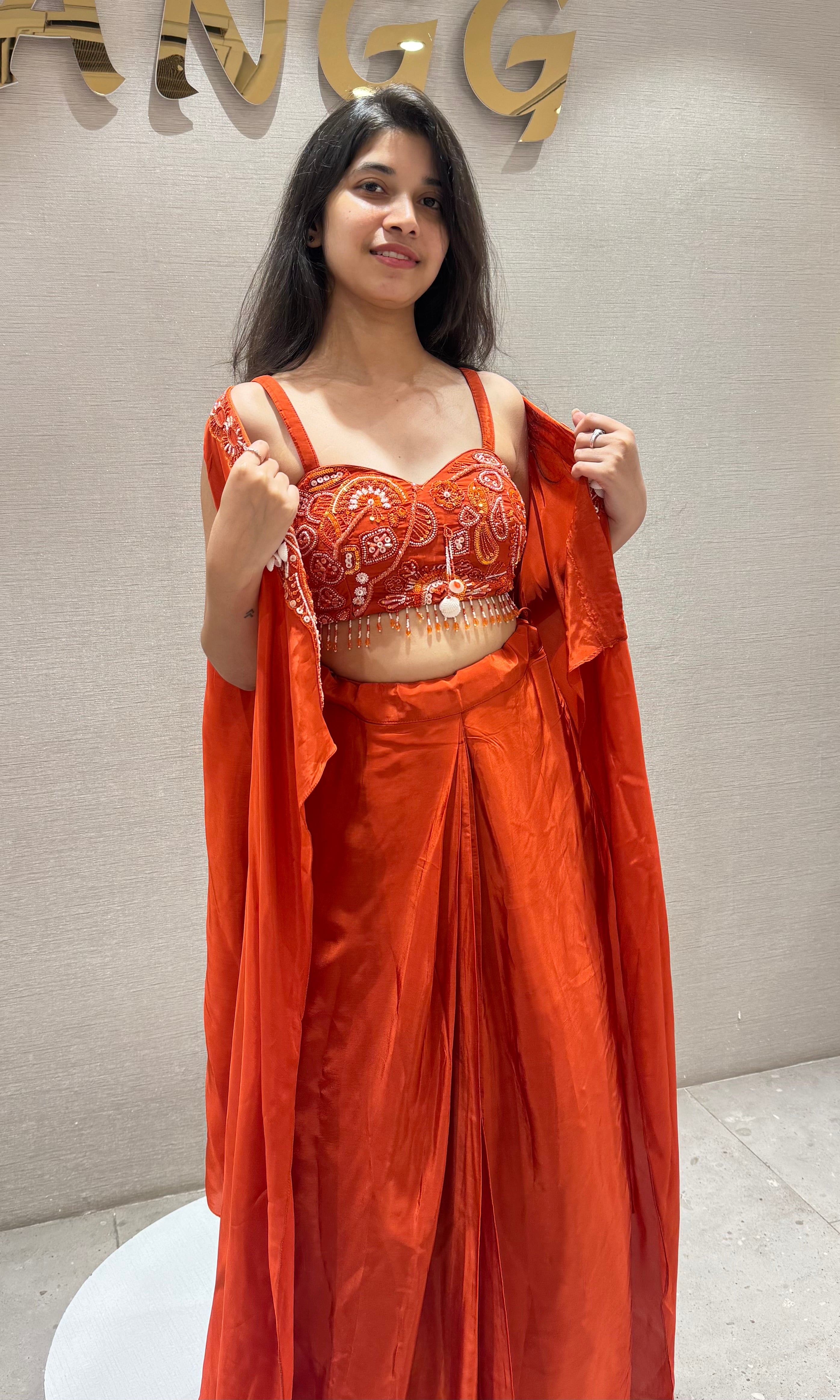ORANGE SKIRT WITH CORSET BLOUSE AND CAPE