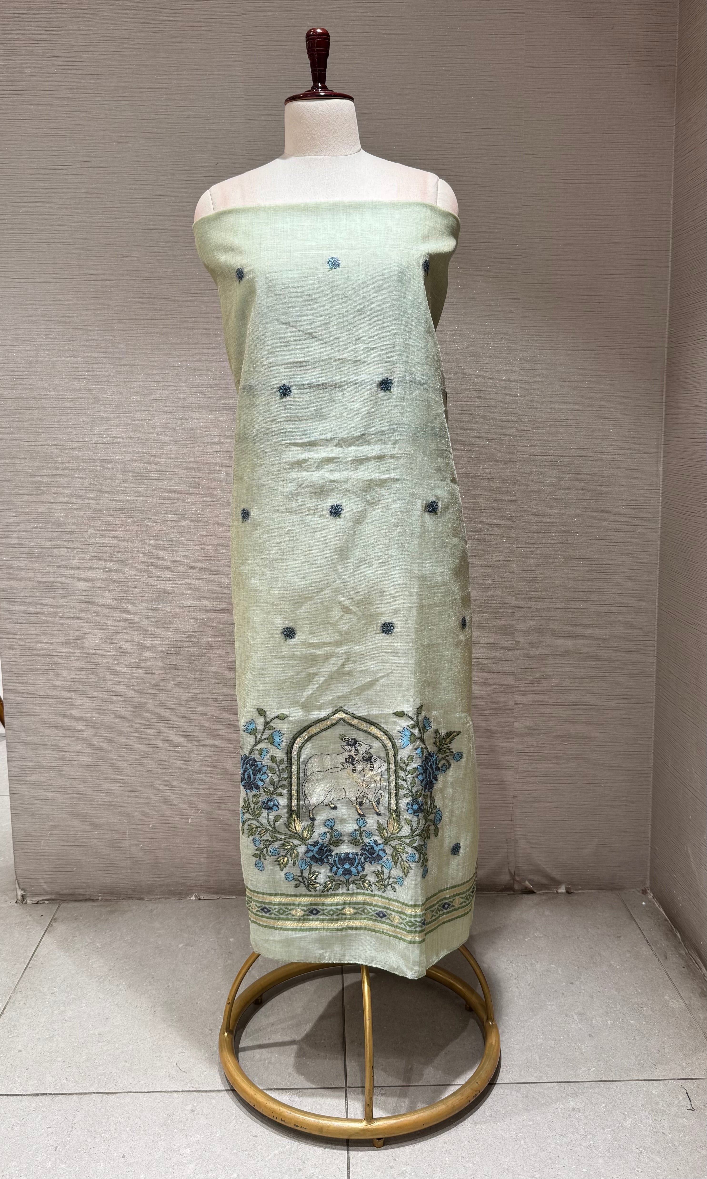 Mint Green with Blue Floral Embroidery dress material