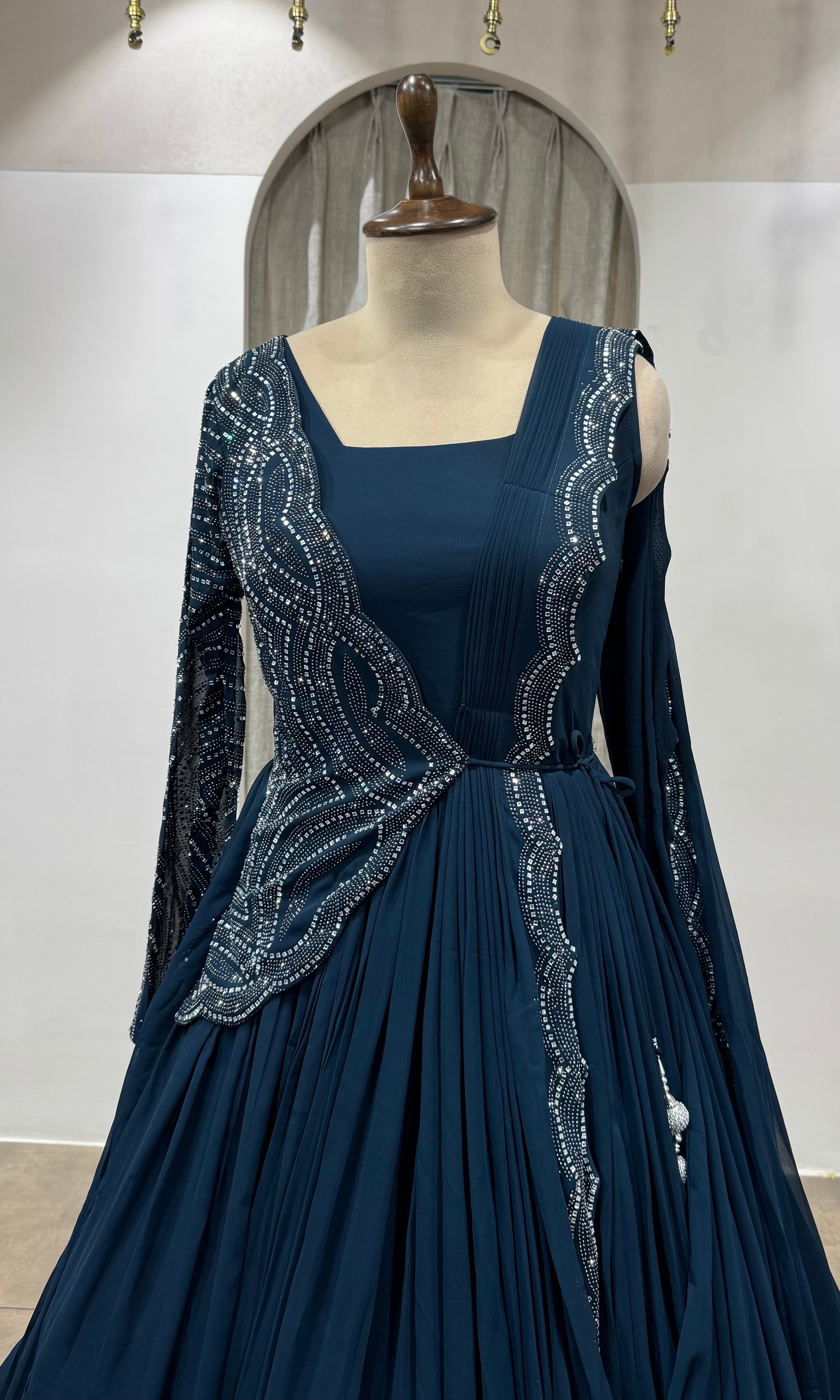 BLUE Embellished Floor-Length Anarkali Gown