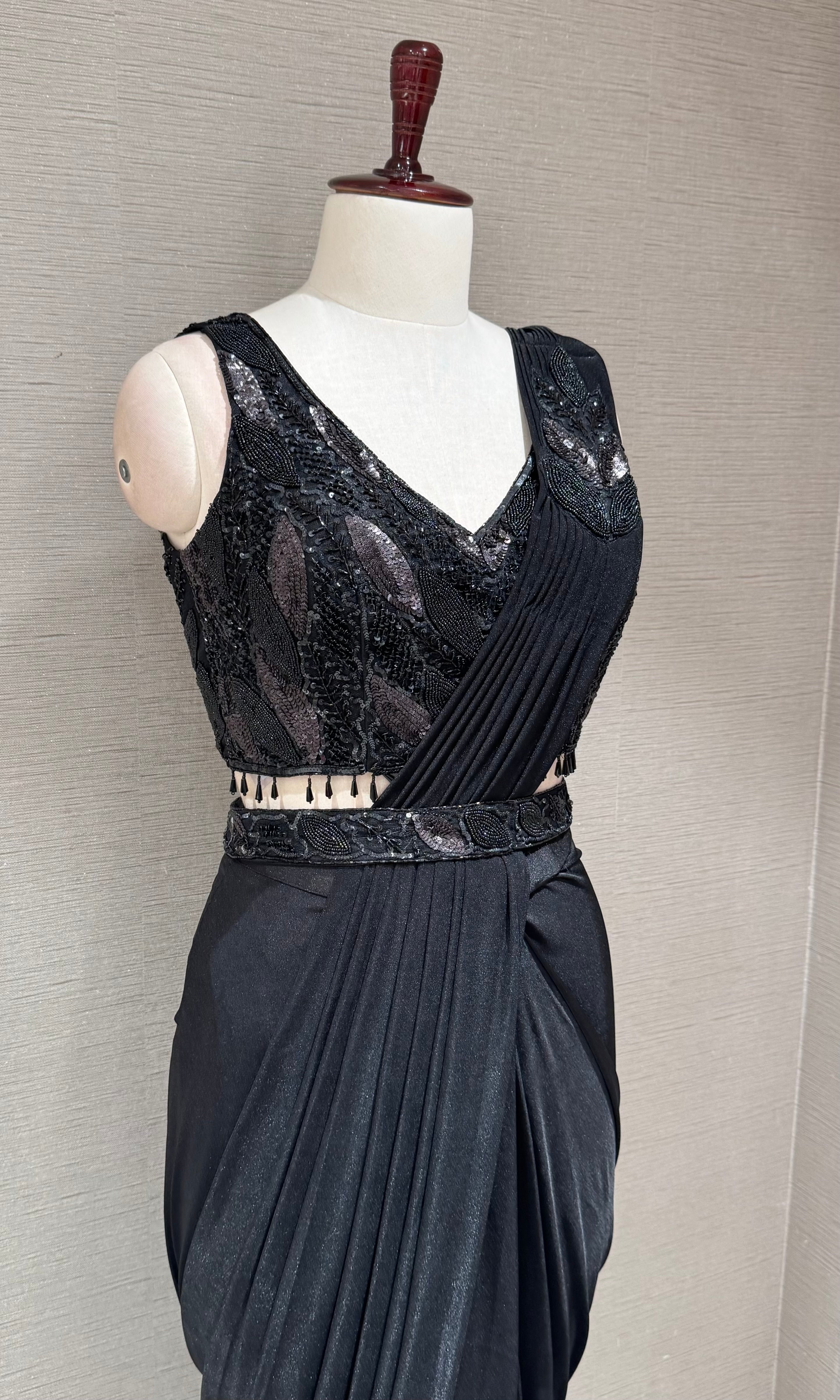 Black Draped Saree with Embellished Blouse