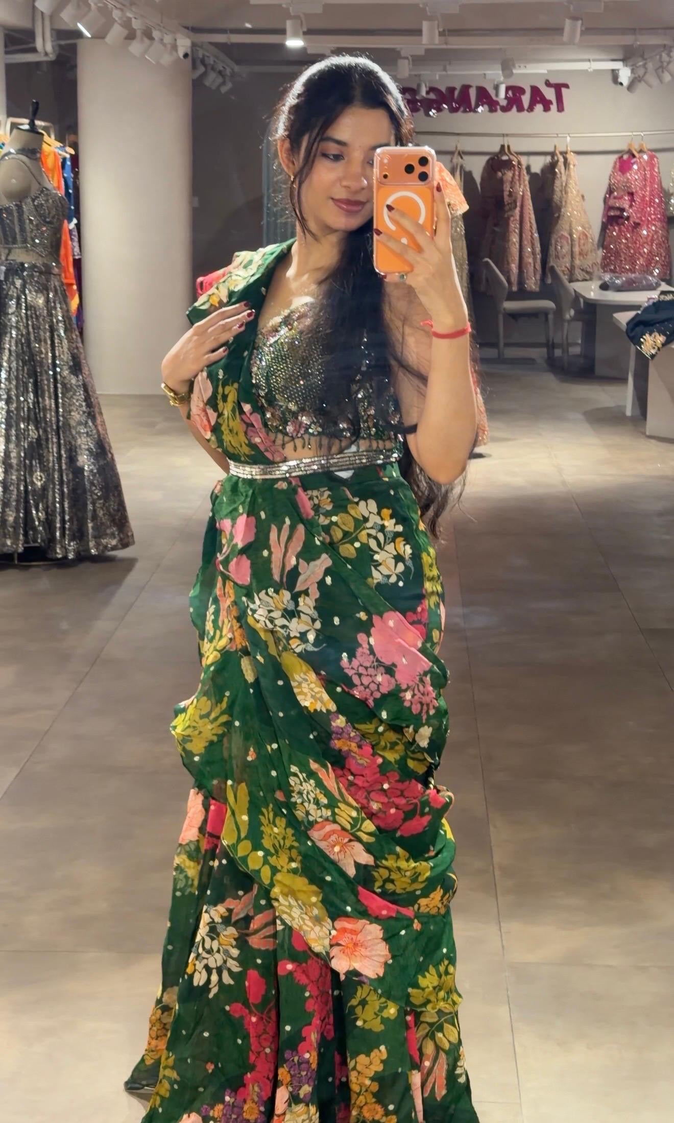 Green MULTI FLORAL drape saree