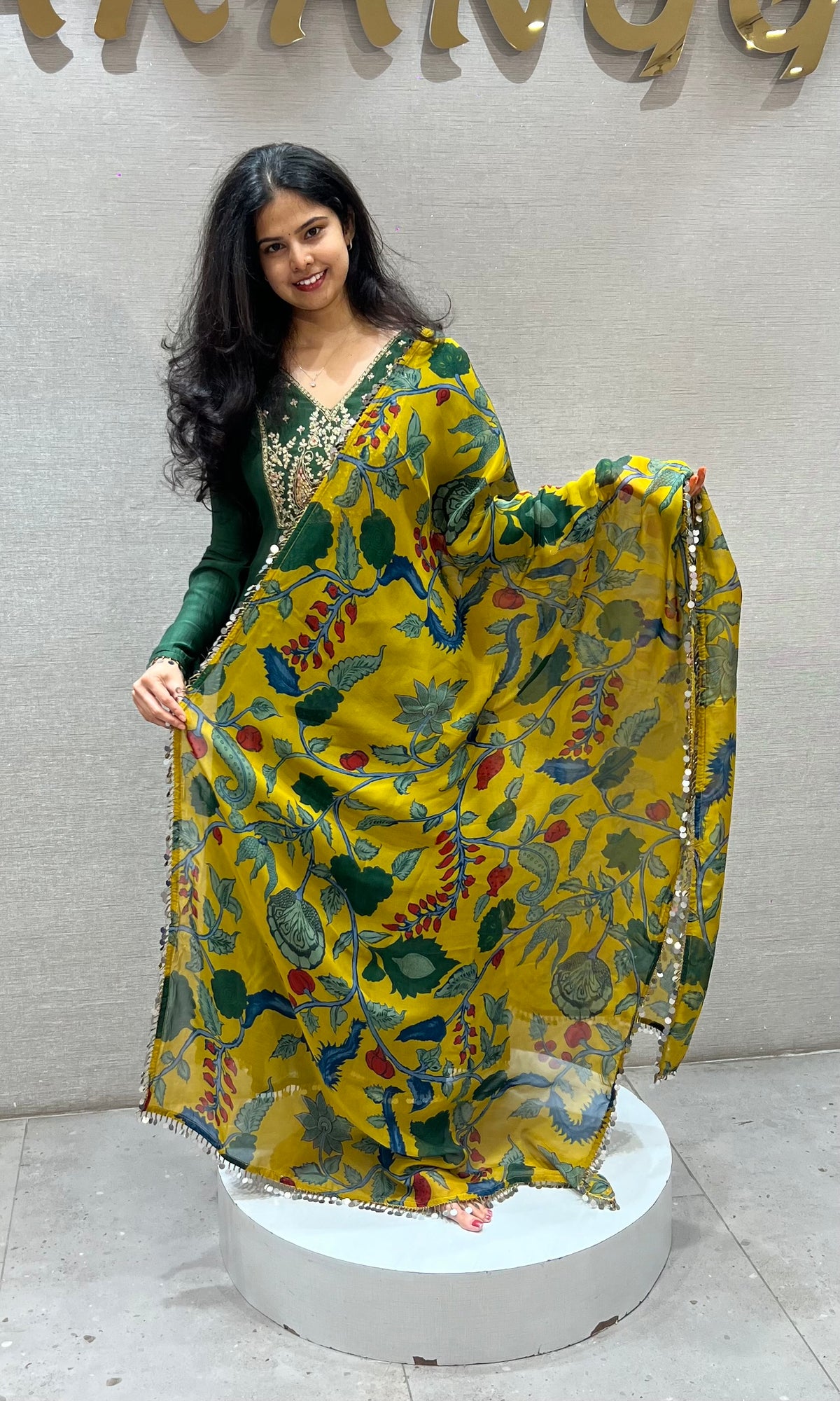Green mul chanderi Kurta Set with Floral Dupatta