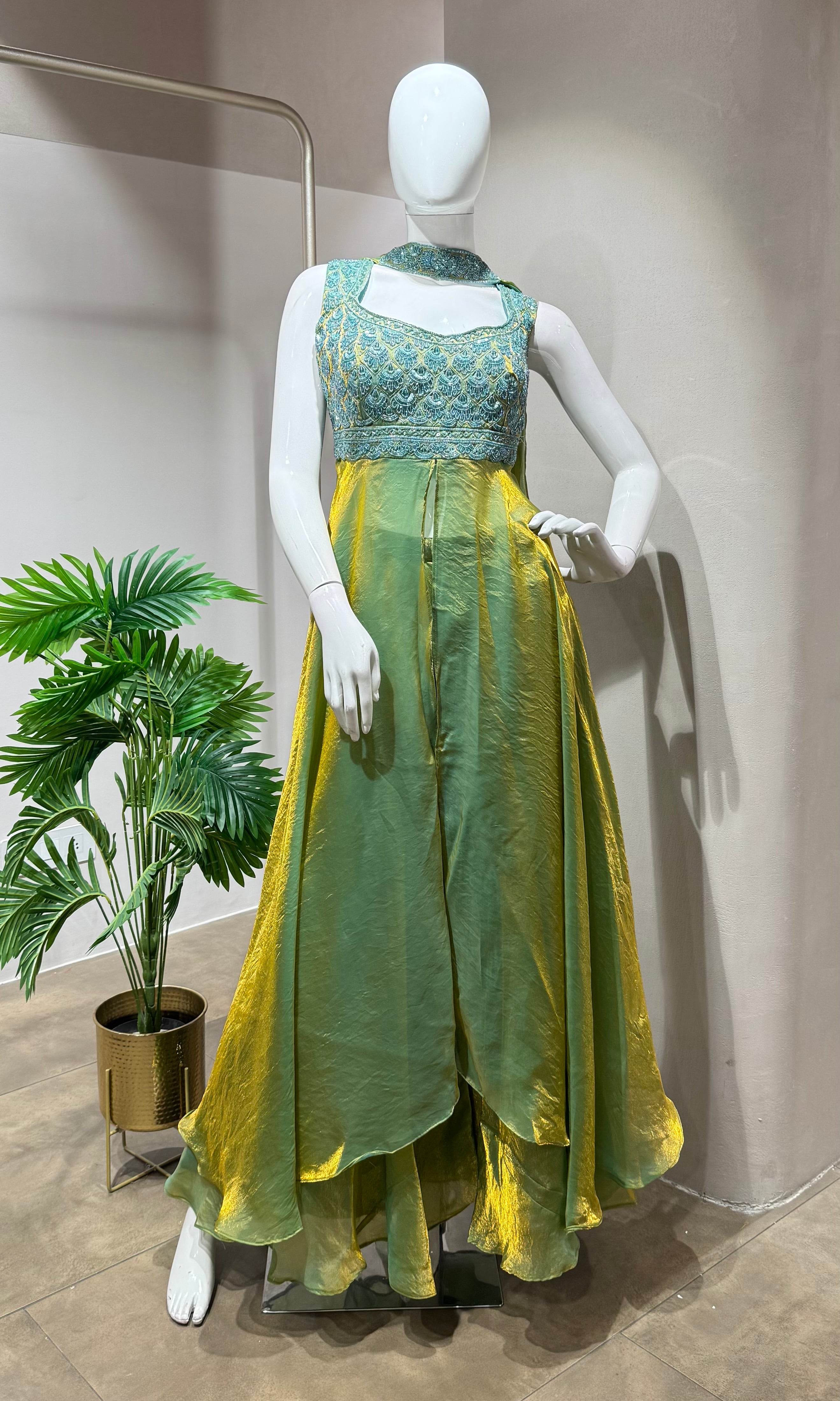 RAMA GREEN A LINE SHIMMER TISSUE PALAZZO SET