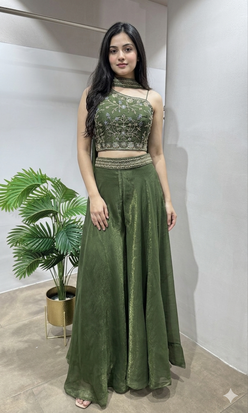 Green Embroidered Indo Western Palazzo Set