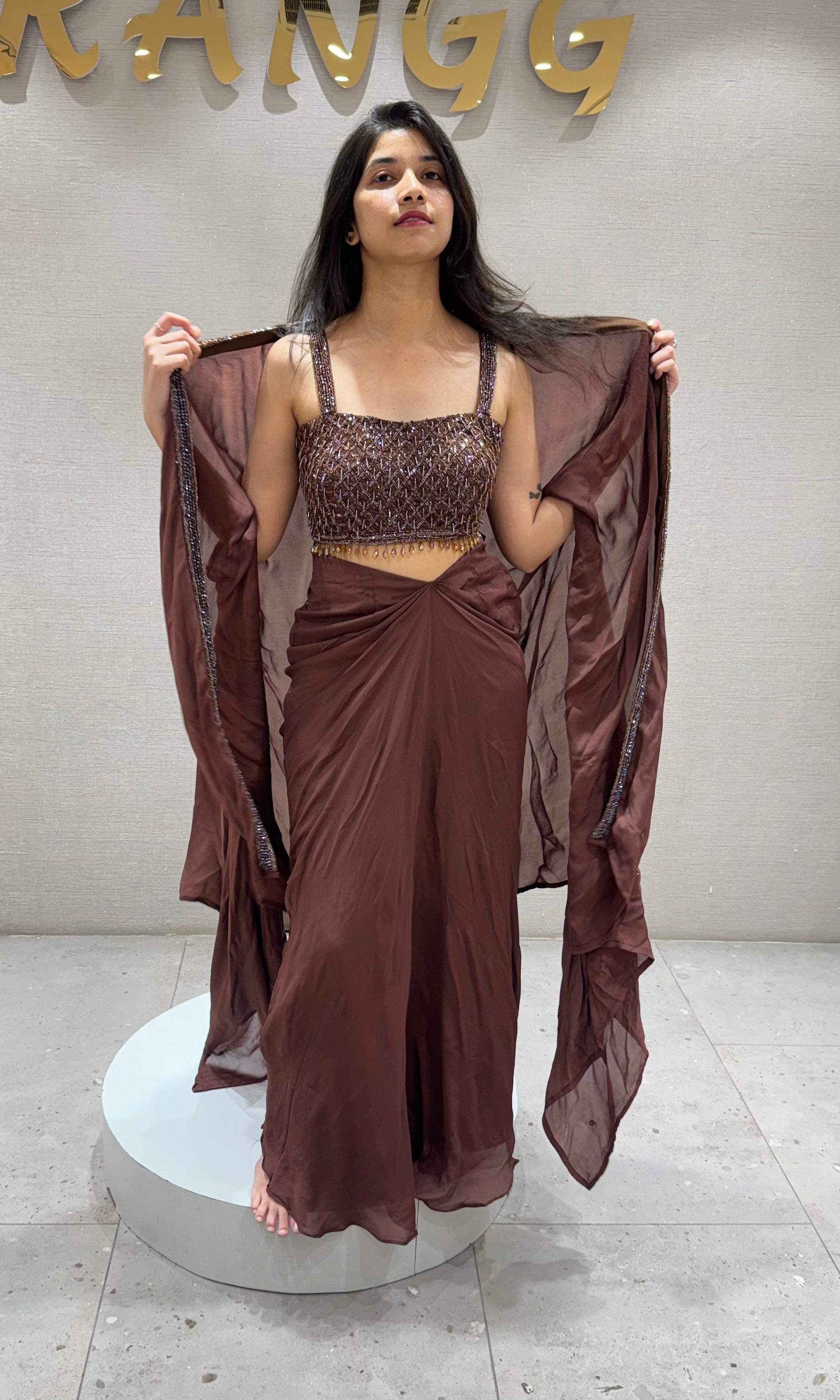 Brown DRAPE SAREE WITH CORSET BLOUSE & CAPE