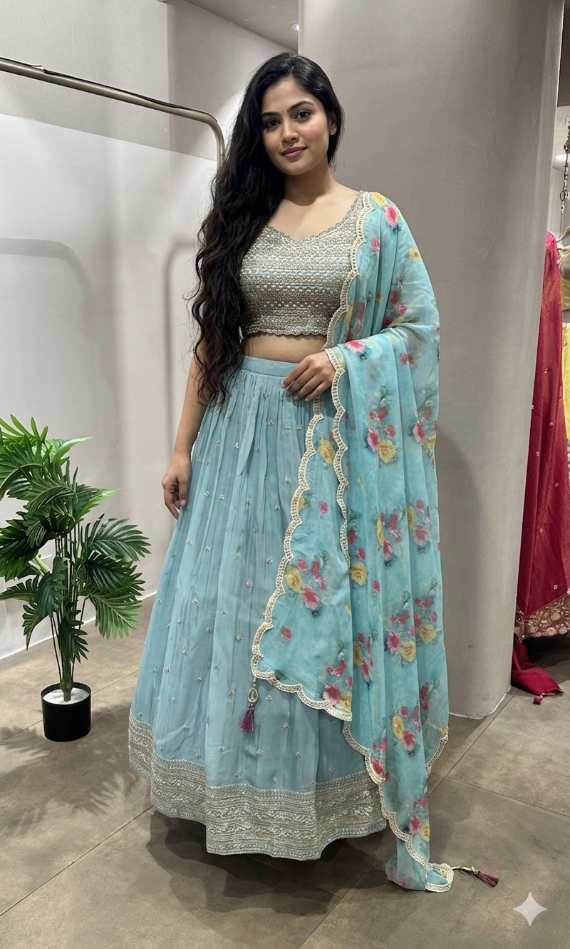Sea blue EMBROIDERED LEHENGA WITH FLORAL DUPATTA