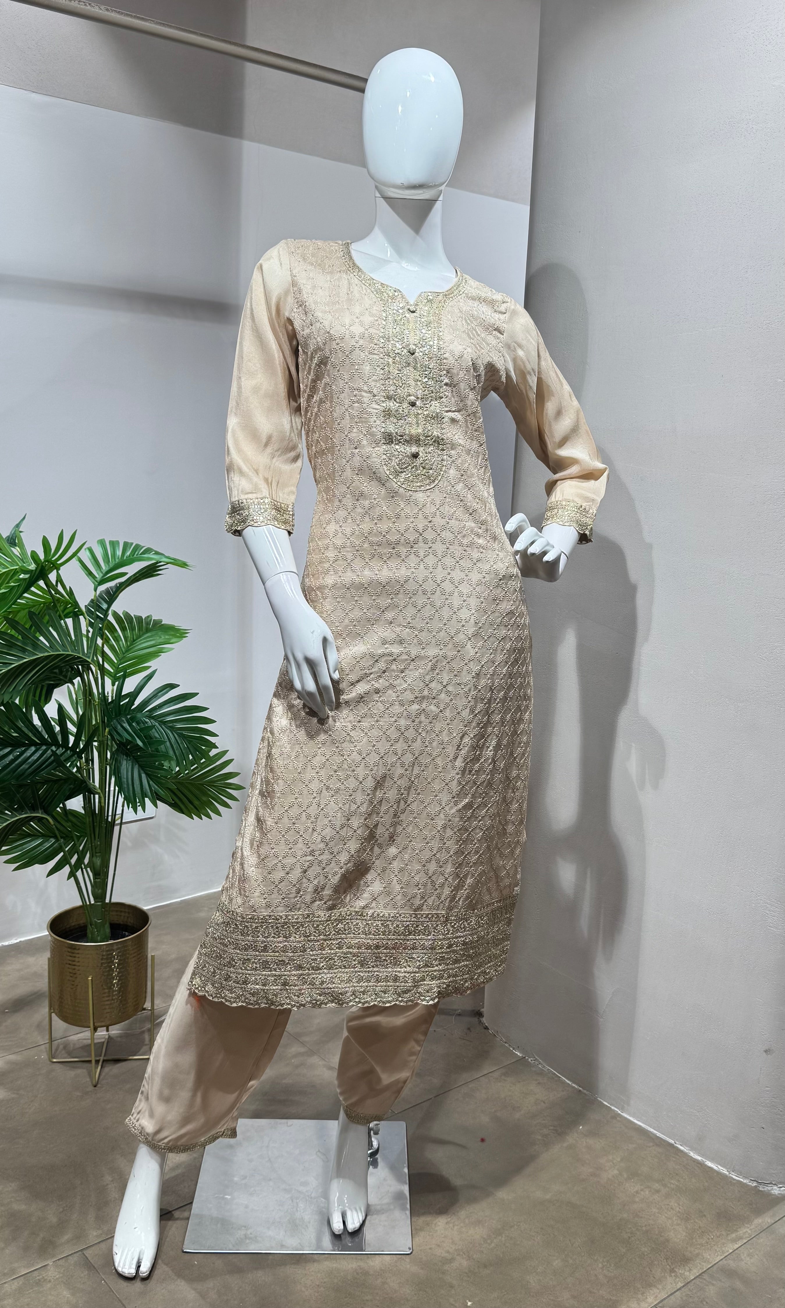 Ivory straight kurta set with contrast dupatta