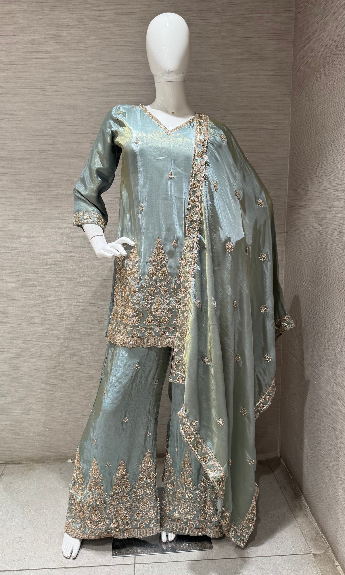 BLUE SILK BLEND GOLDEN EMBROIDERED SHARARA SET WITH DUPATTA