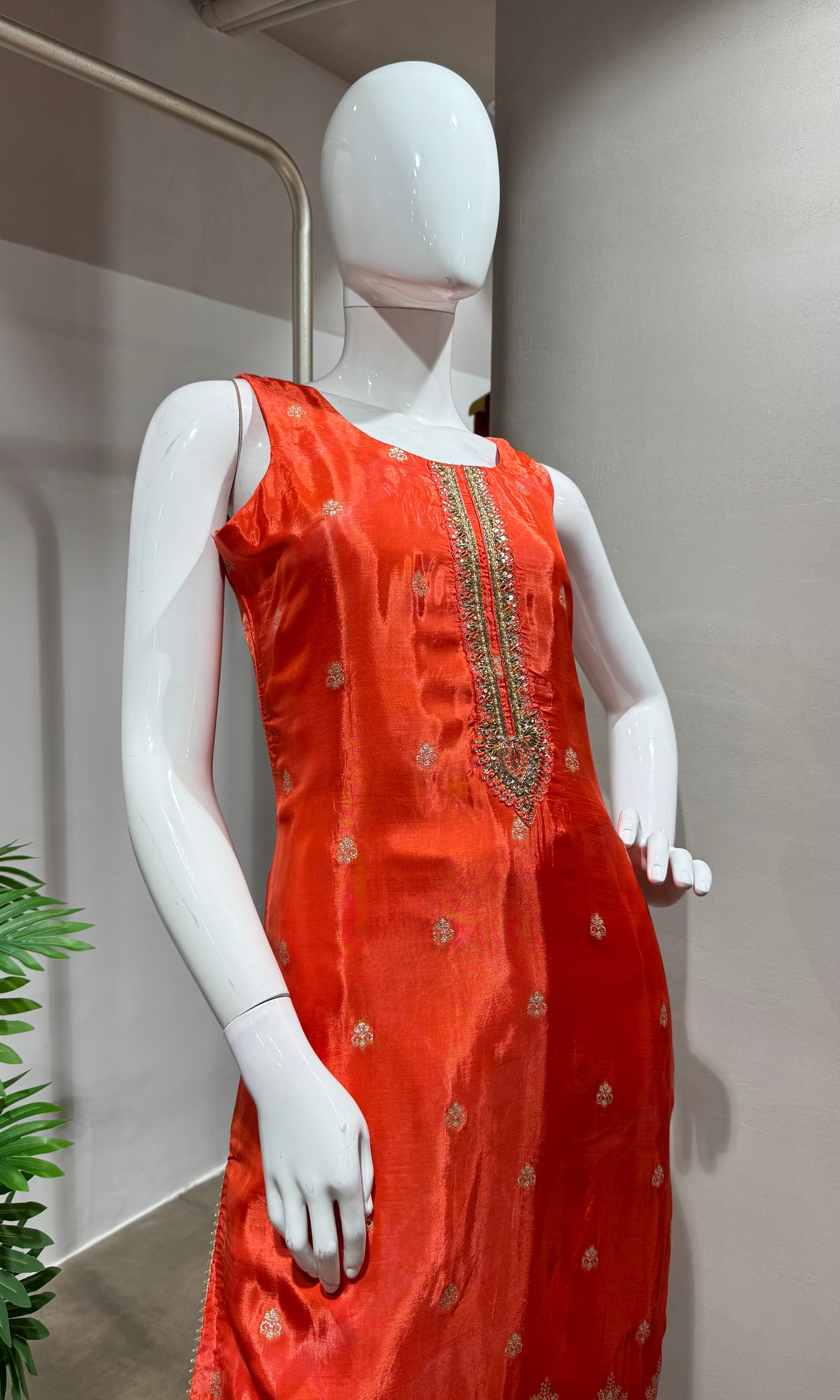 Orange Silk Embroidered Kurta Set