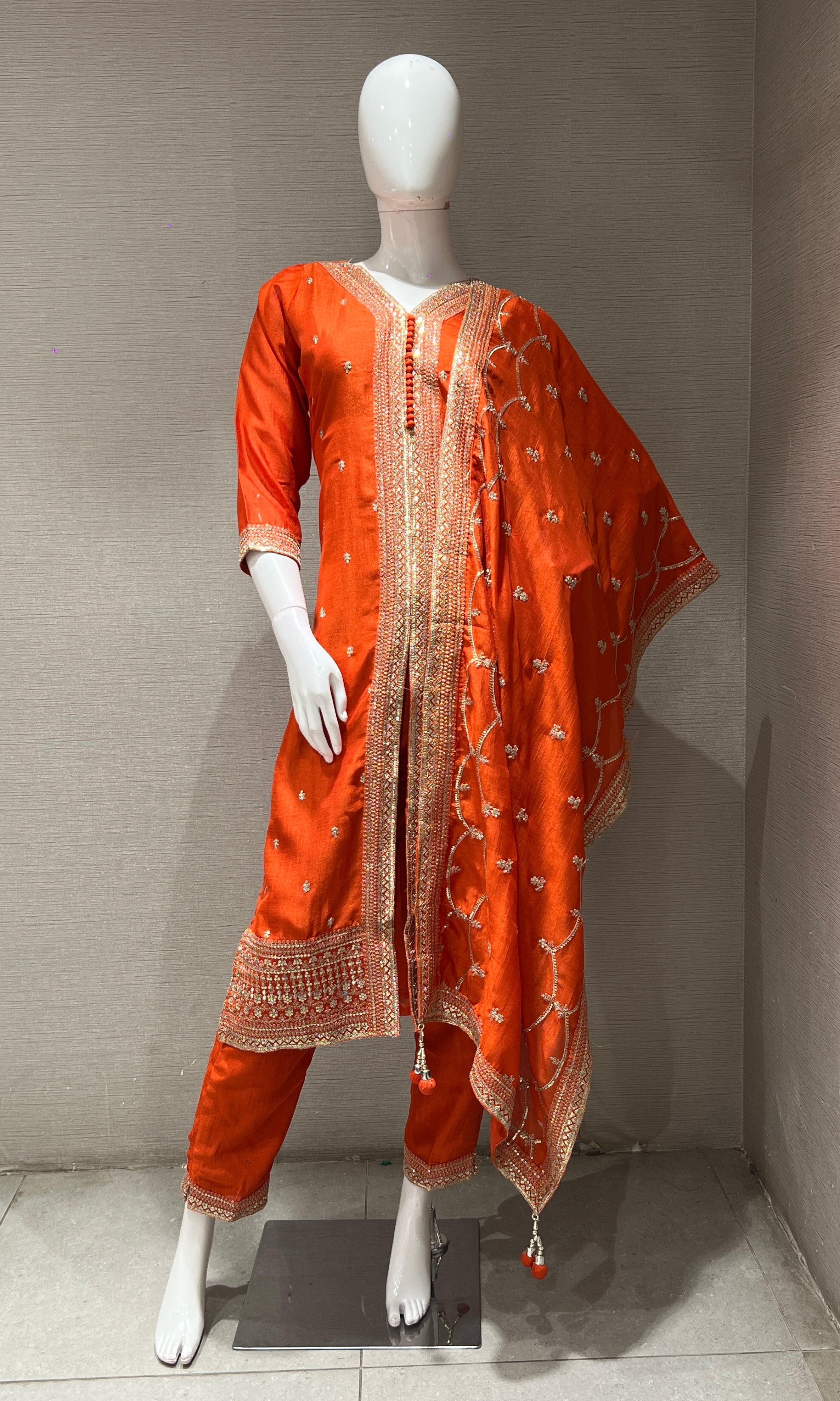 Orange golden embroidered kurta set
