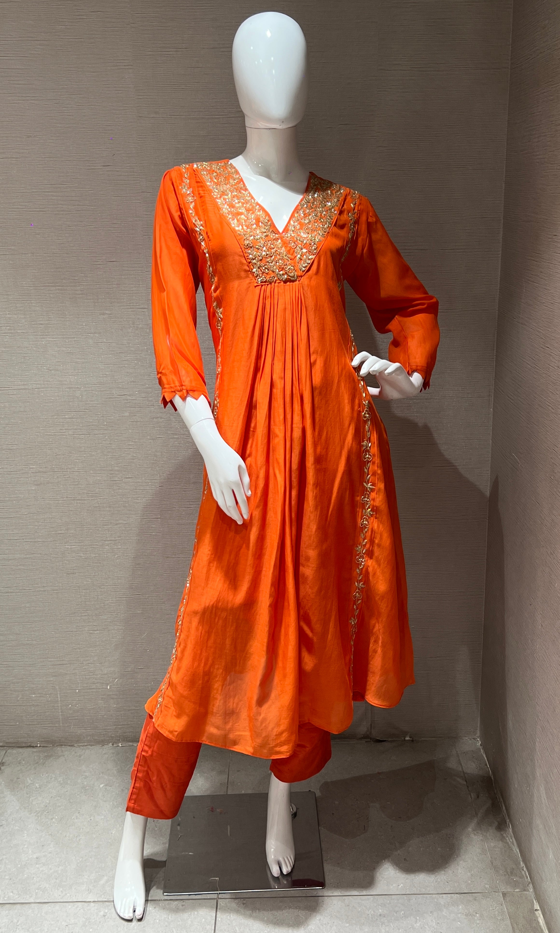 Orange Mul Chanderi kurta set